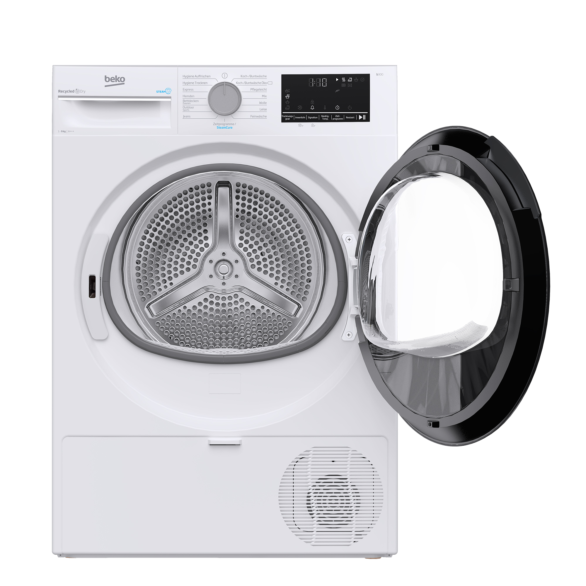 Weiße Beko-Wärmepumpentrockner mit geöffneter schwarzer Tür und Trommel.