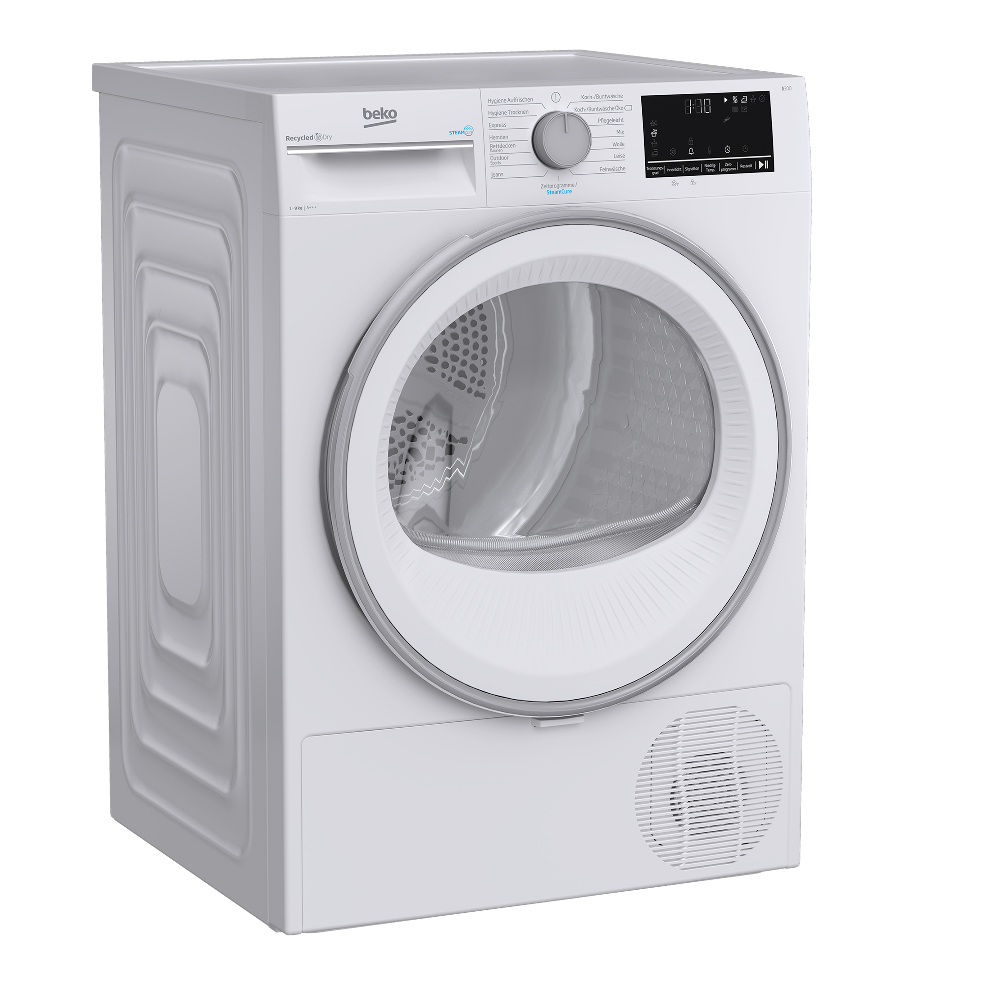 Eine weiße Beko-Wäschetrocknermaschine mit digitaler Anzeige und runder Tür.