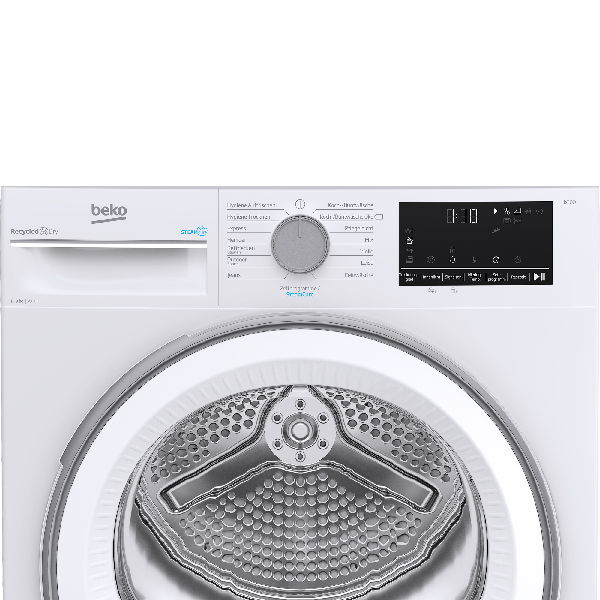 Beko Trockner mit digitalem Display, Drehknopf und Trommel.