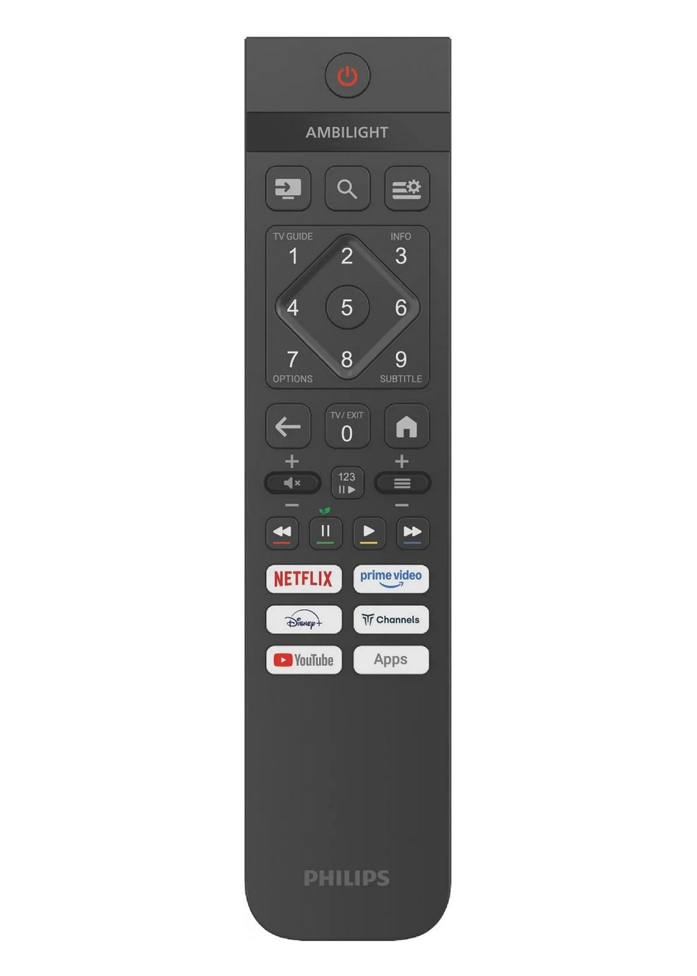 Un telecomando TV Philips grigio con tasti numerici e scorciatoie app.