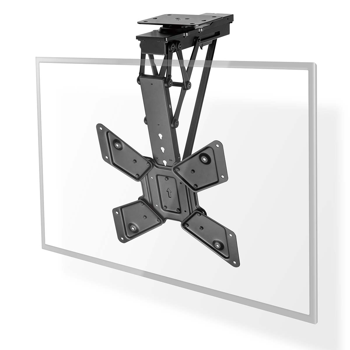 Supporto TV da soffitto nero con bracci regolabili fissato a un TV a schermo piatto.