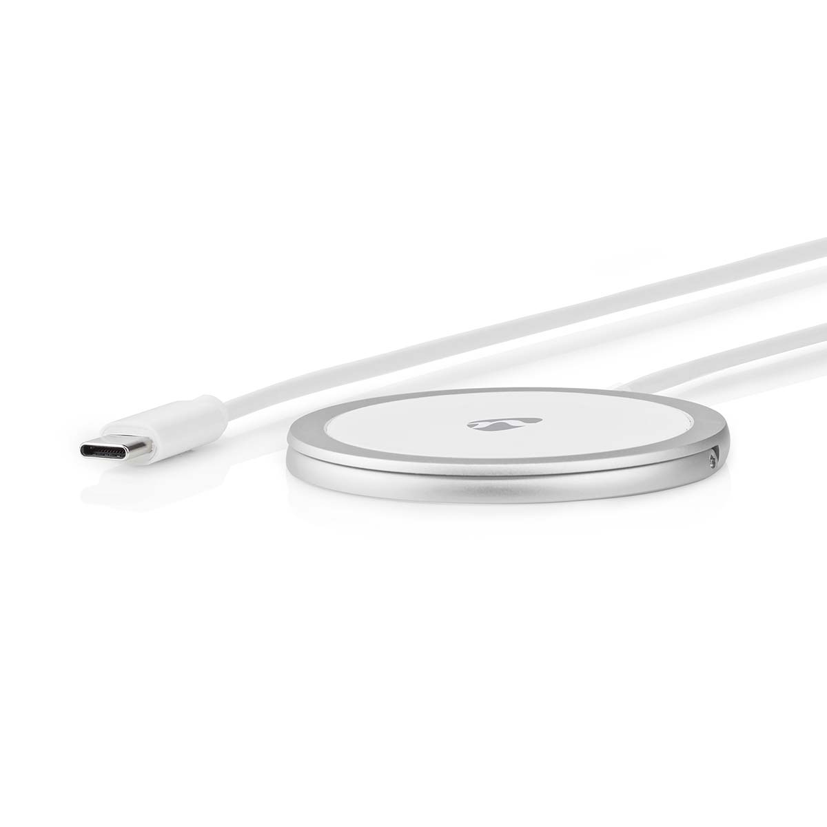 Runde weiße Ladestation mit USB-C-Kabel und silbernem Rand.