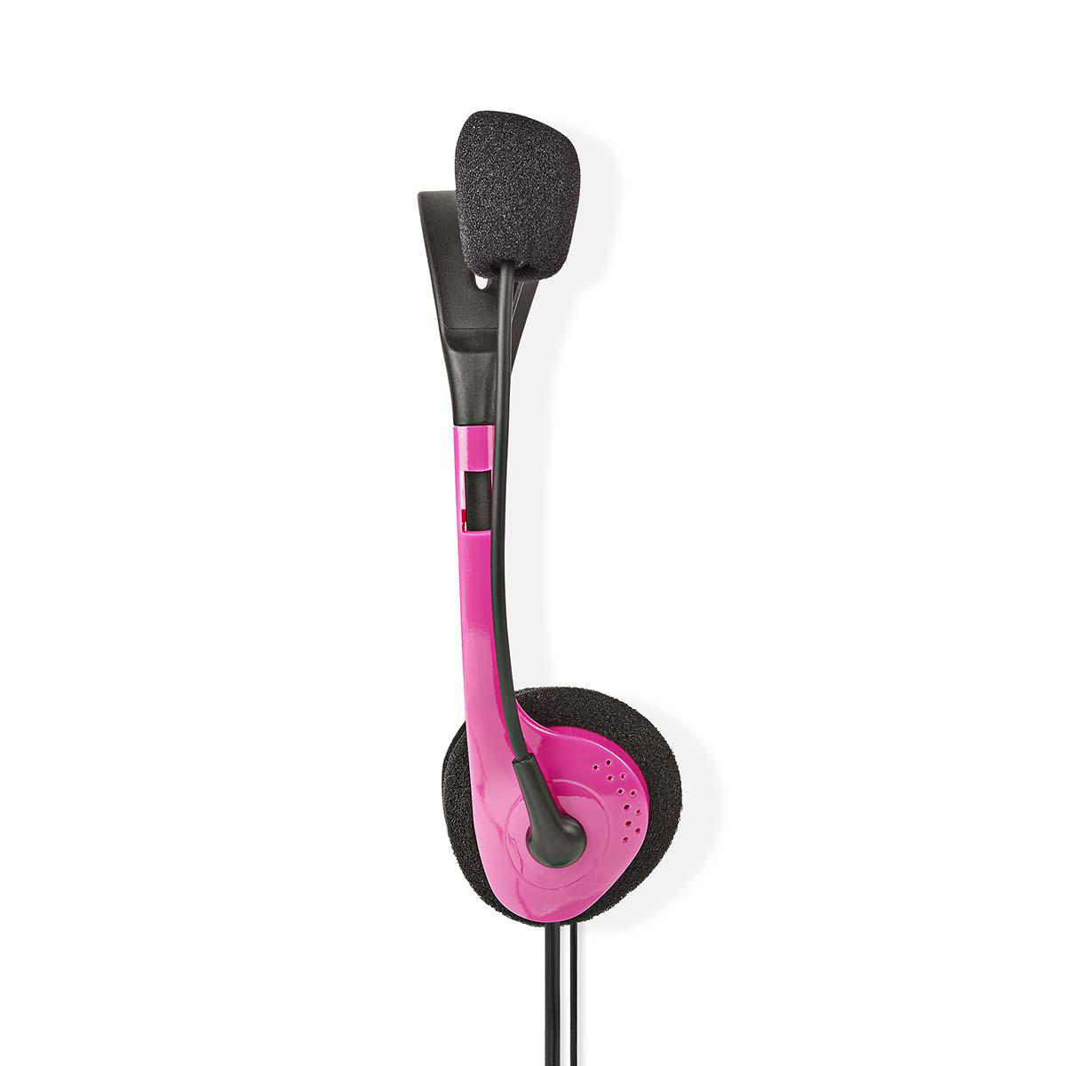 Een roze headset met microfoon en zwart schuim