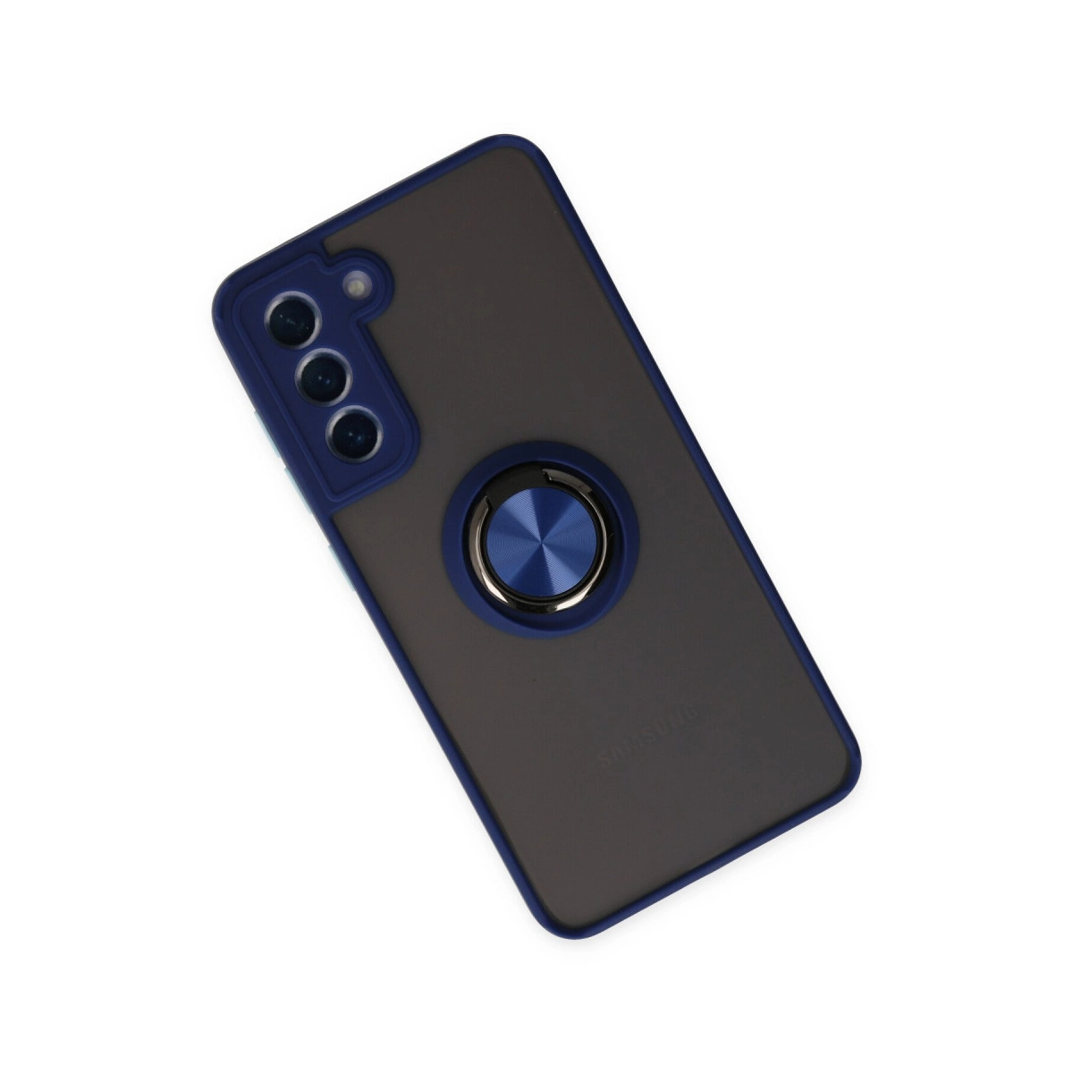 Mavi kenarlı, halka tutuculu koyu gri telefon kılıfı.