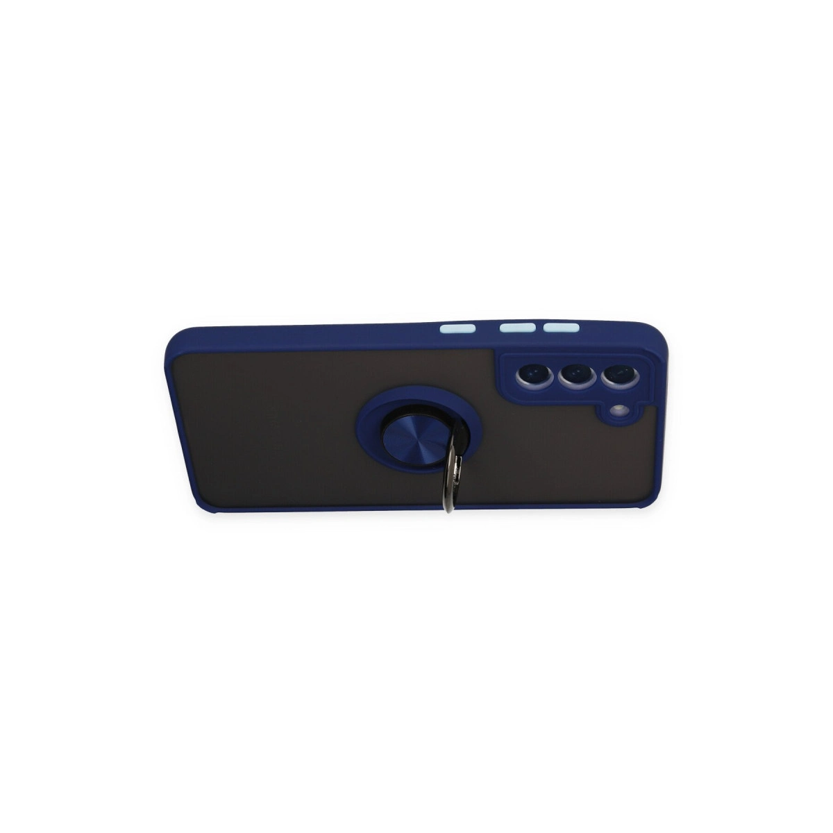 Halka tutuculu, üç kameralı koyu mavi telefon kılıfı.