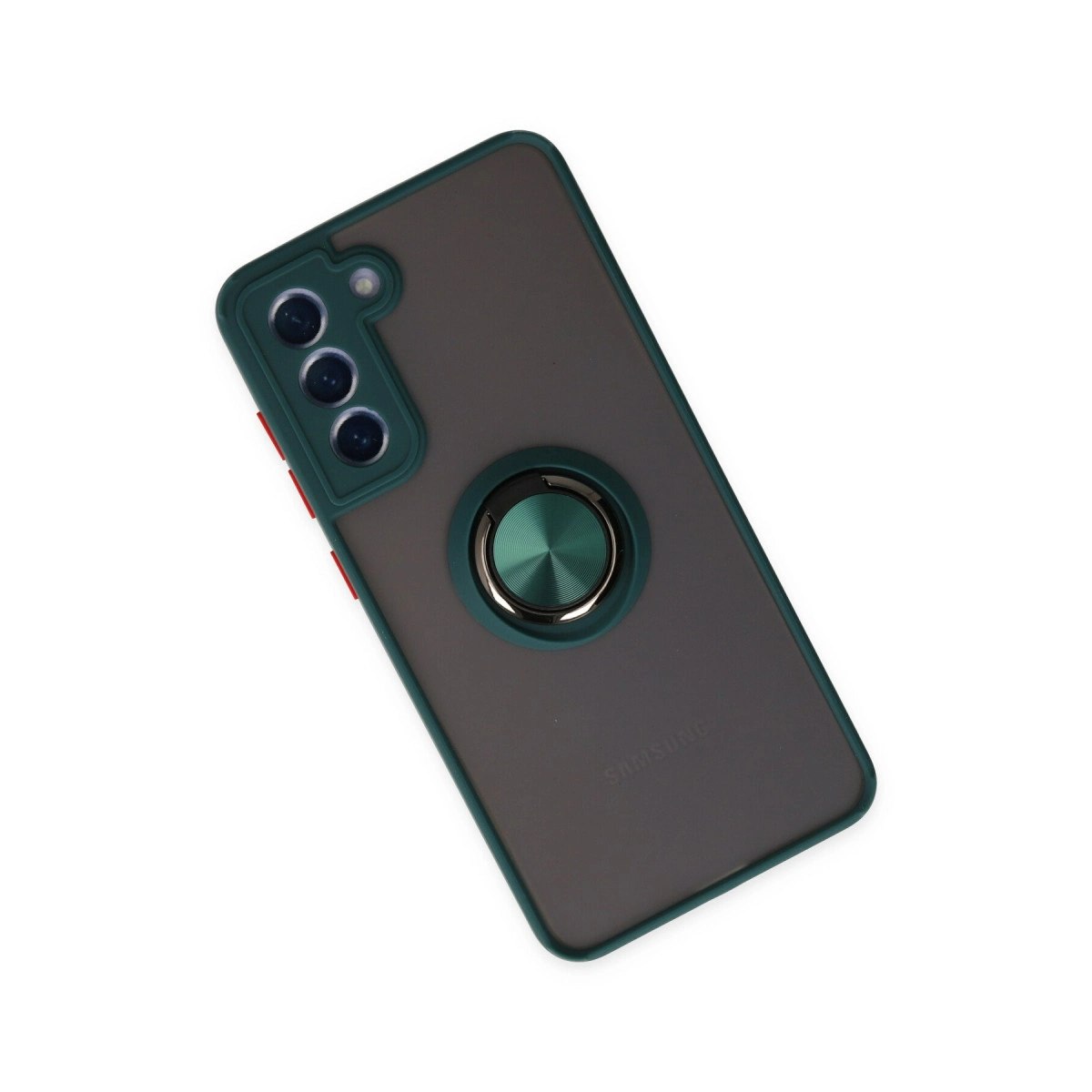 Yeşil halka tutuculu, koyu gri telefon kılıfı ve kamera kesimi.