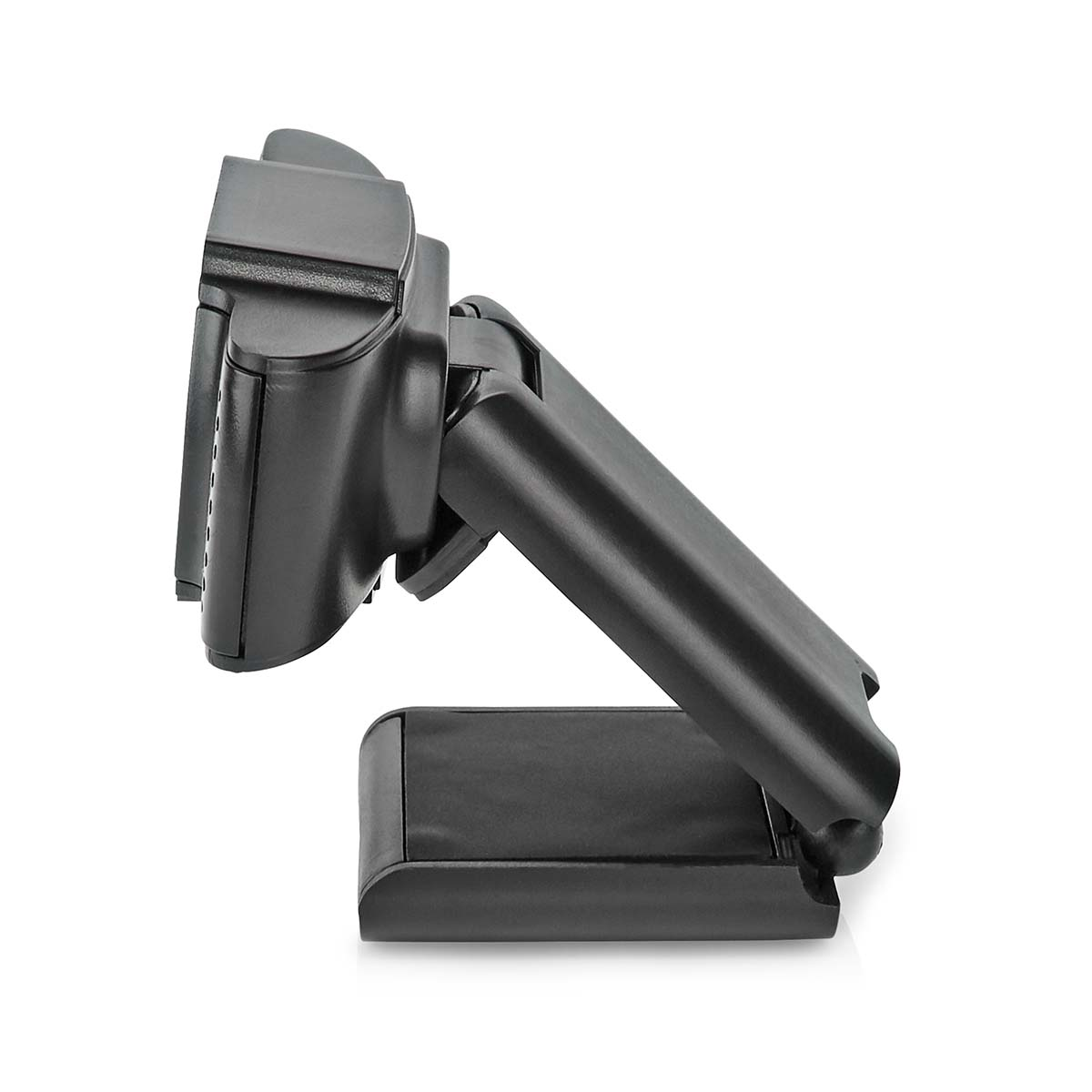 Support de webcam noir avec cou et base réglables, vu de profil.