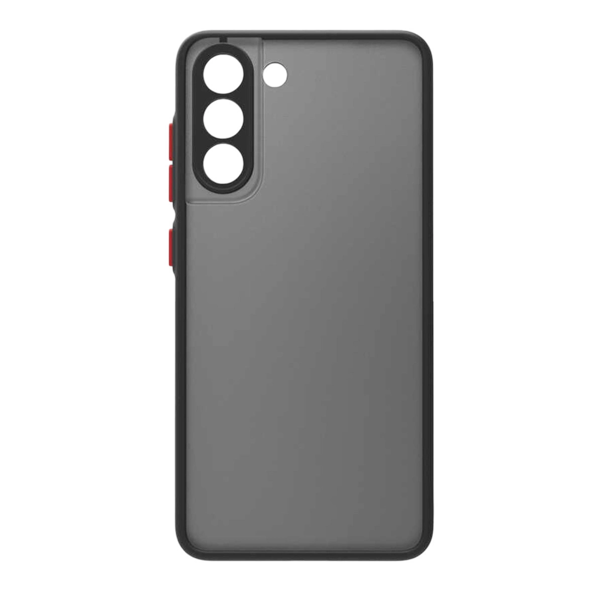 Üç kamera lensi kesimli, kırmızı düğmeli gri telefon kılıfı.