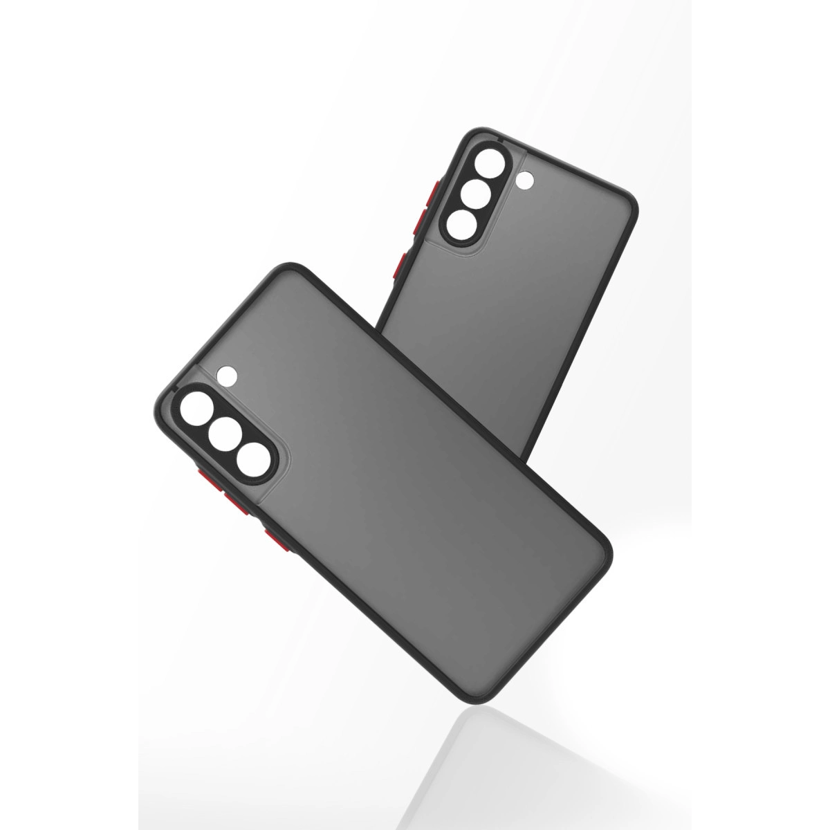 Kırmızı düğmeli iki koyu gri telefon kılıfı çapraz olarak yerleştirilmiş.