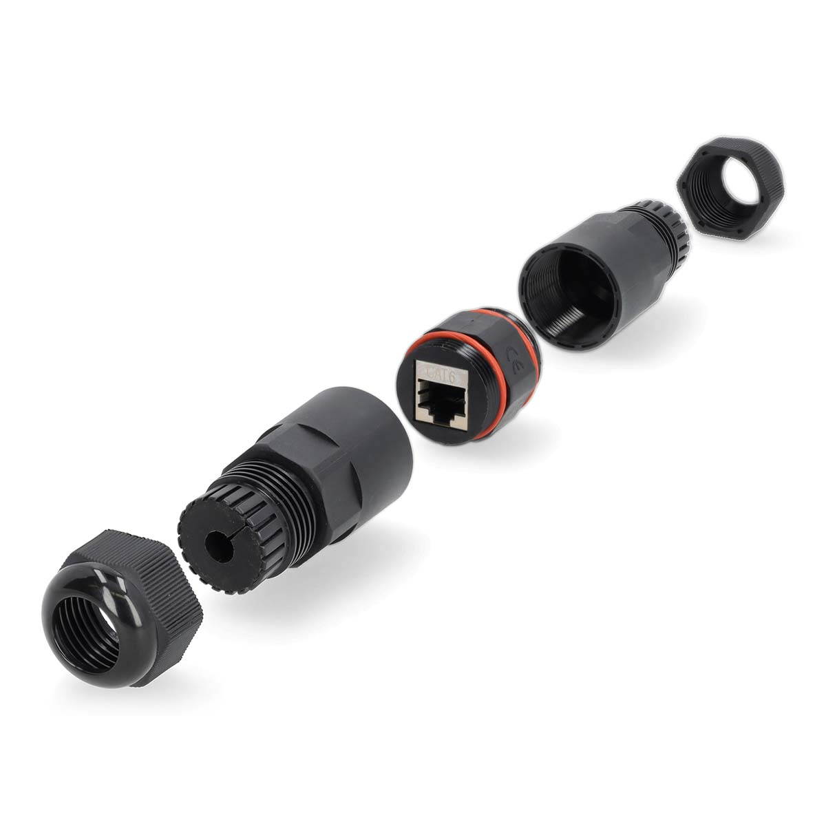 Exploded view of a black CAT6 RJ45 connector with threaded parts and red seals.