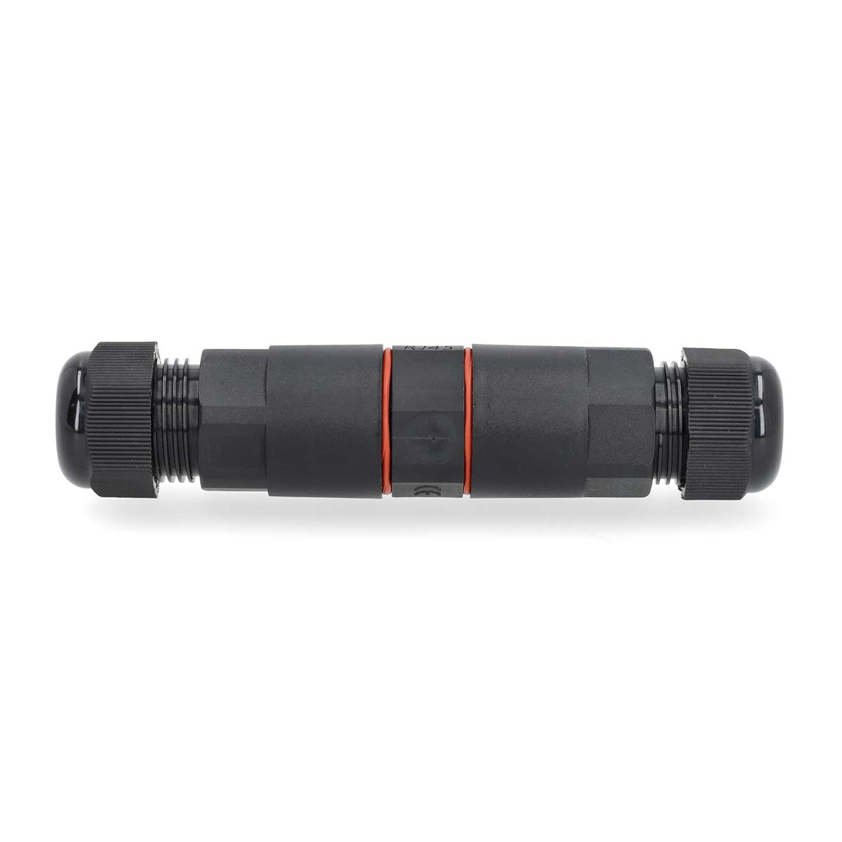 Black cable connector with red rings, on a white background.