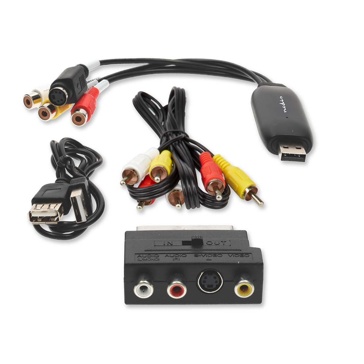 Een USB naar AV converter met RCA en S-Video poorten, kabels en een USB-stekker.
