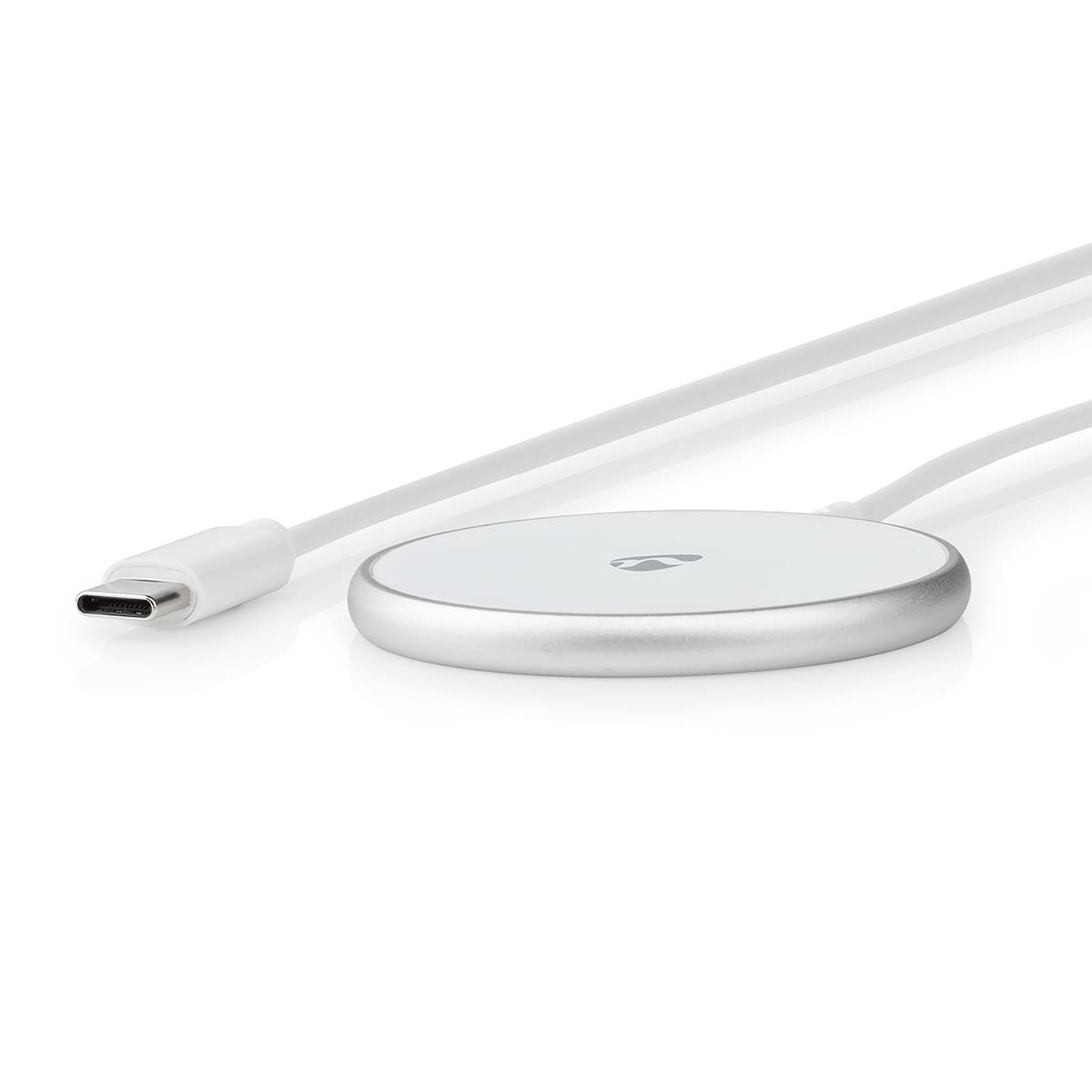 Silver wireless charging pad with a white USB-C cable on a white background.