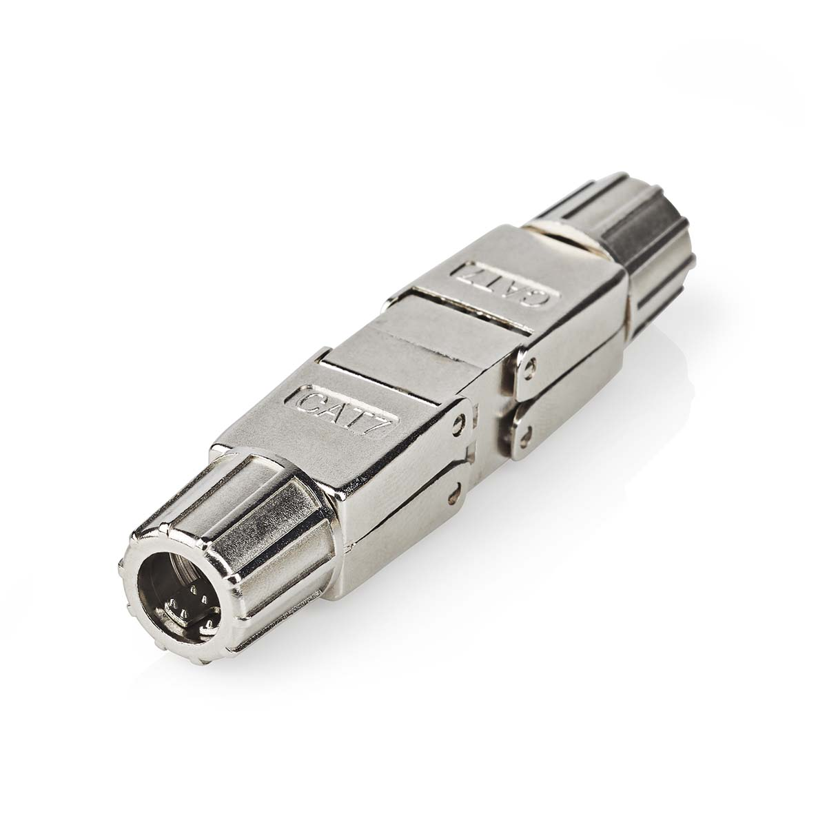 A silver CAT7 network cable coupler with ribbed ends and a hinged body.