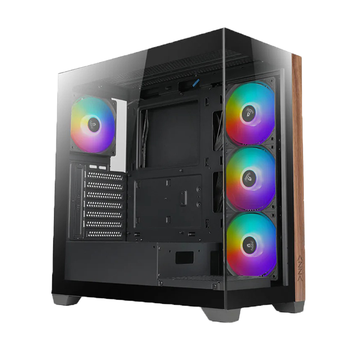Ein schwarzes Computergehäuse mit Glasfront und Holzdetails, beleuchtet von bunten Lüftern.