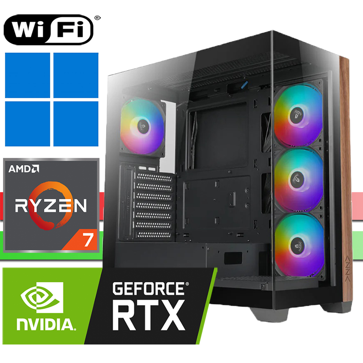 PC-Gehäuse mit RGB-Lüftern, Wi-Fi, AMD Ryzen 7 und Nvidia RTX Logos.