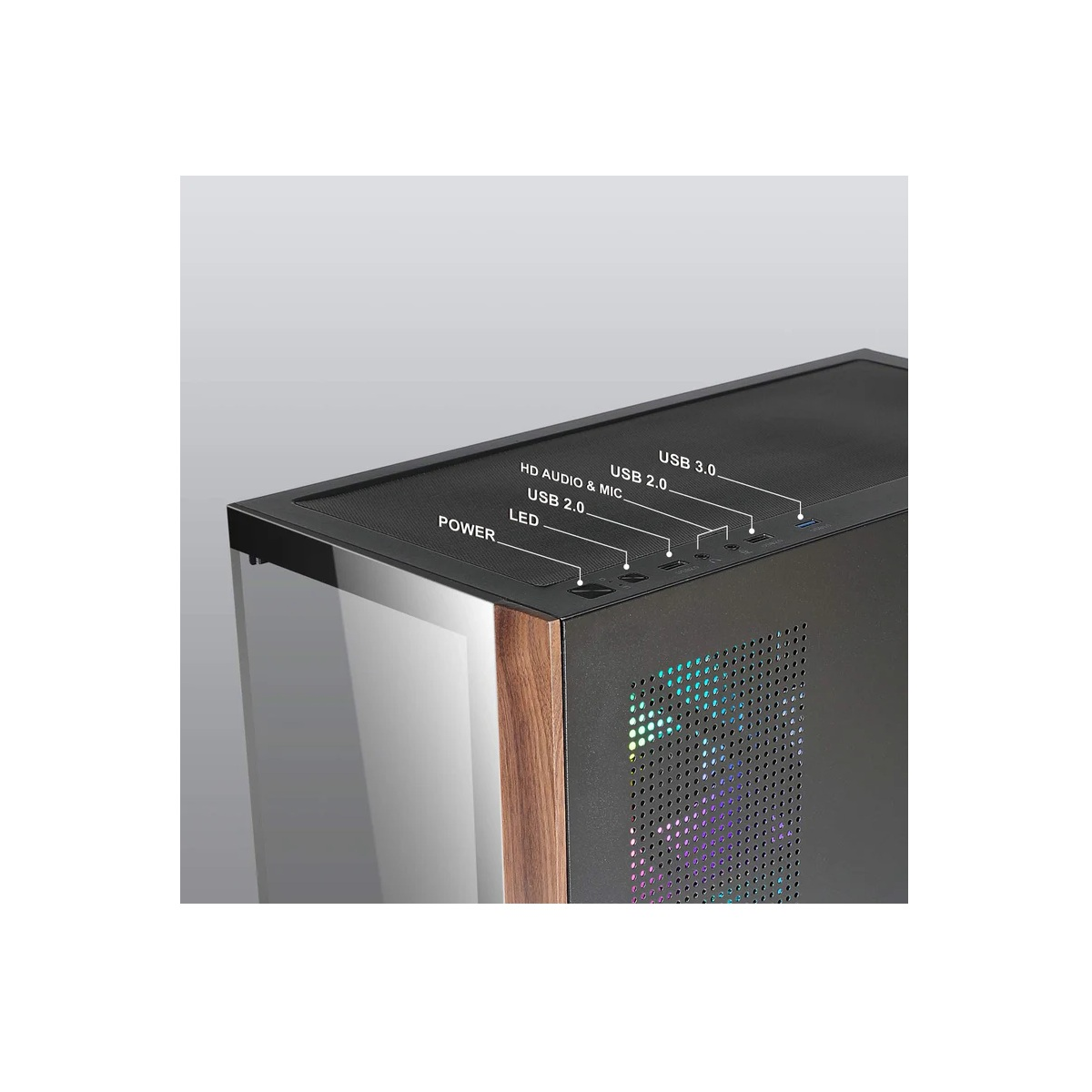 Ein schwarzes Computergehäuse mit Holzfront, beleuchteten Lüftern und USB-Anschlüssen.