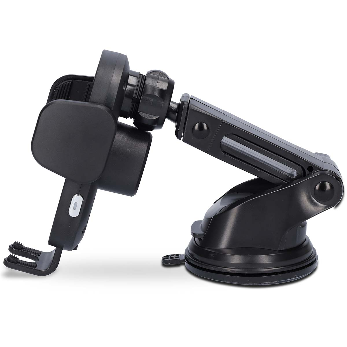 Black car phone holder with suction cup and adjustable arm.