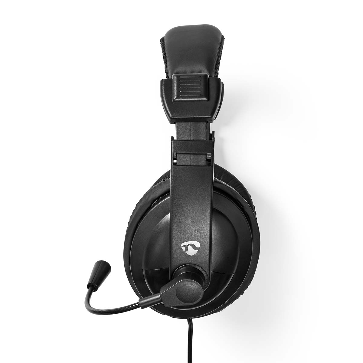 Schwarzer Over-Ear-Kopfhörer mit Mikrofon, auf weißem Hintergrund.
