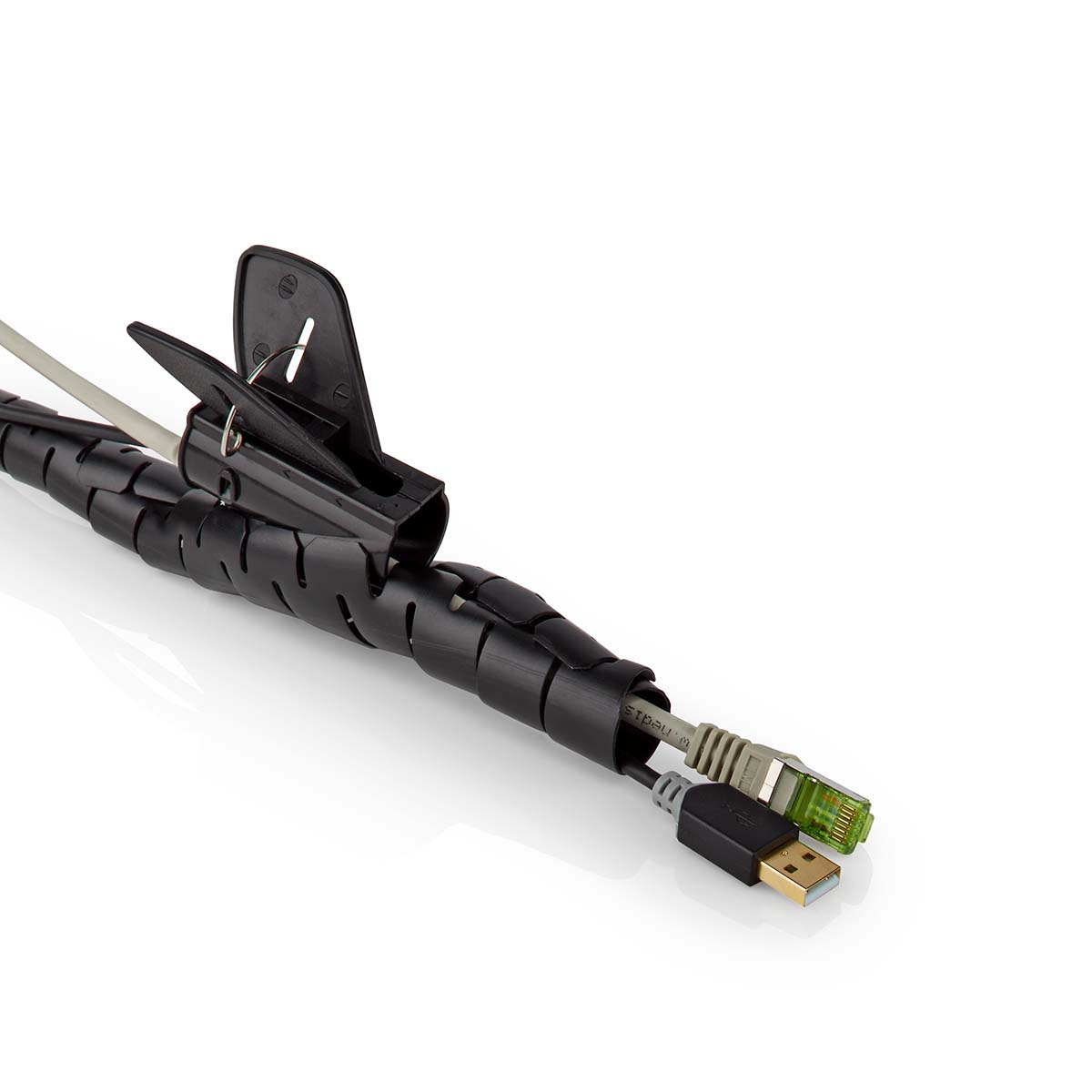 Black cable organizer with clip, bundling a USB and an Ethernet cable.