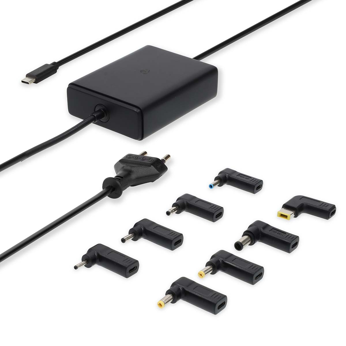 Un alimentatore nero con cavo USB-C e diversi connettori.