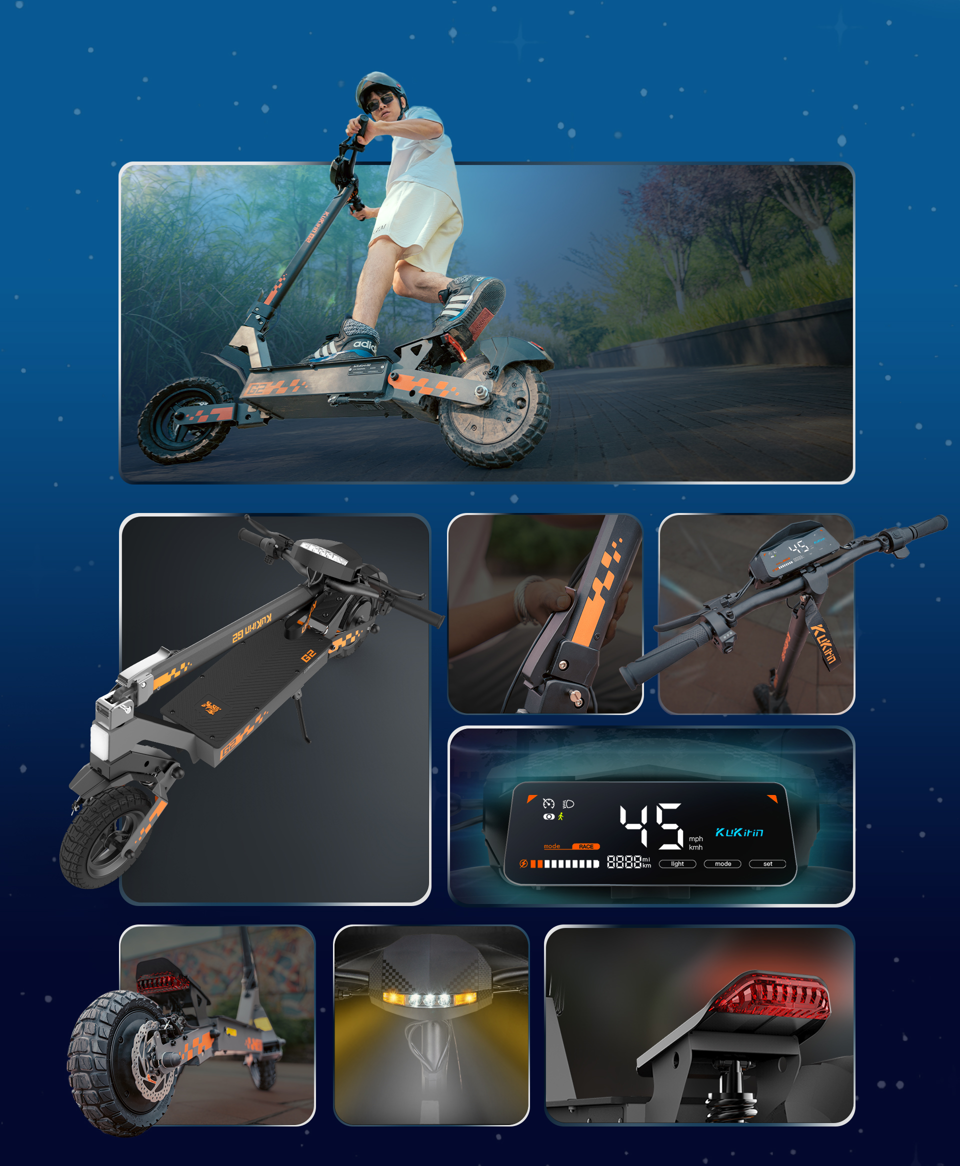 Un uomo guida uno scooter elettrico con display digitale e accenti arancioni.
