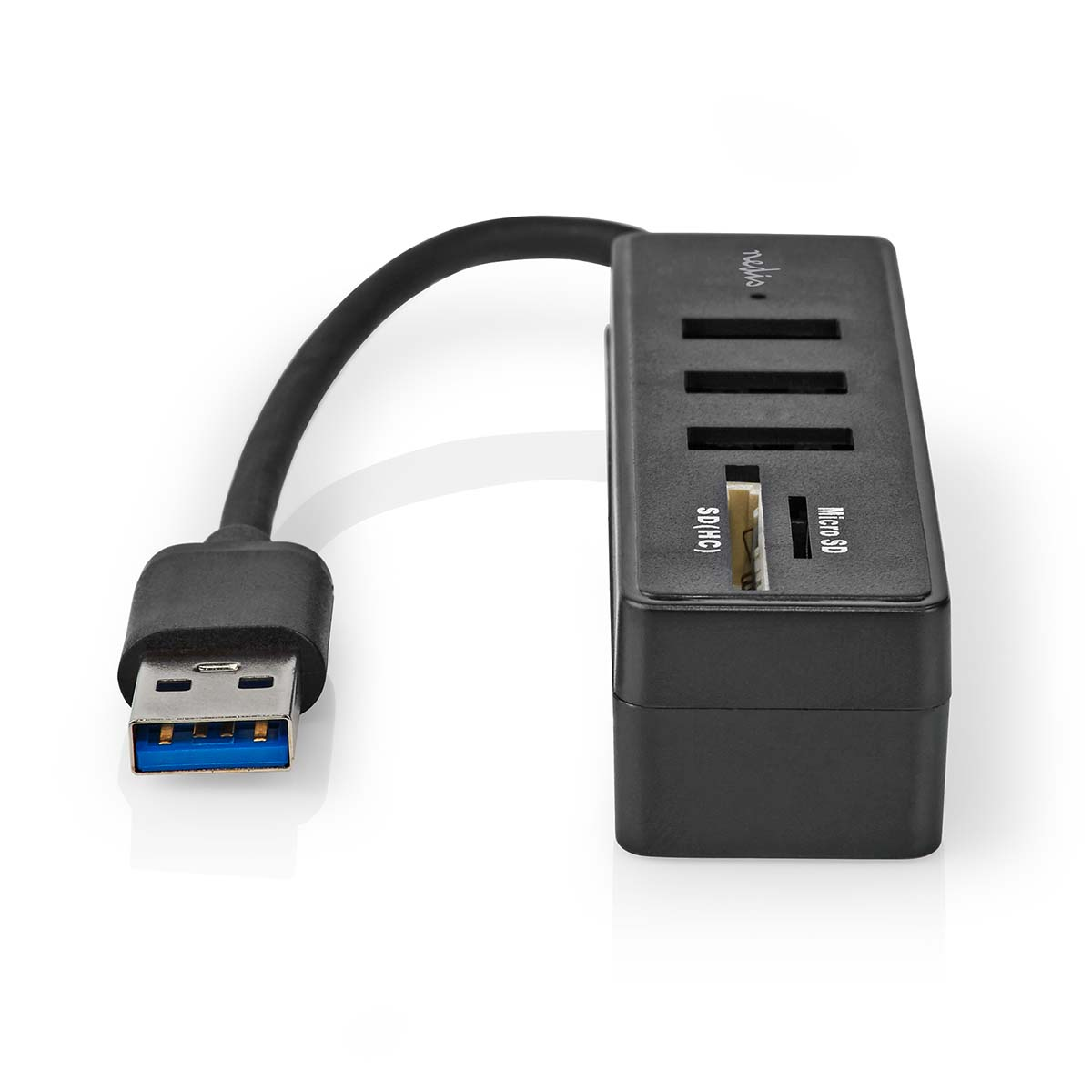 Zwarte USB-hub met drie poorten en SD/Micro-SD kaartsleuven.