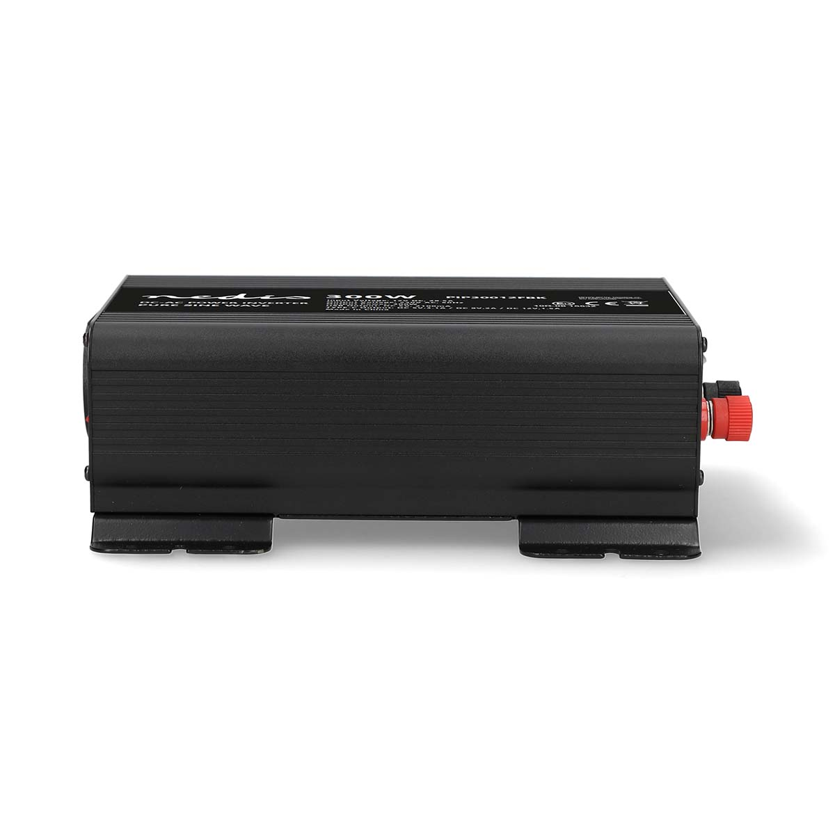Zwarte 300W omvormer met rode aansluitingen en ventilatiesleuven.
