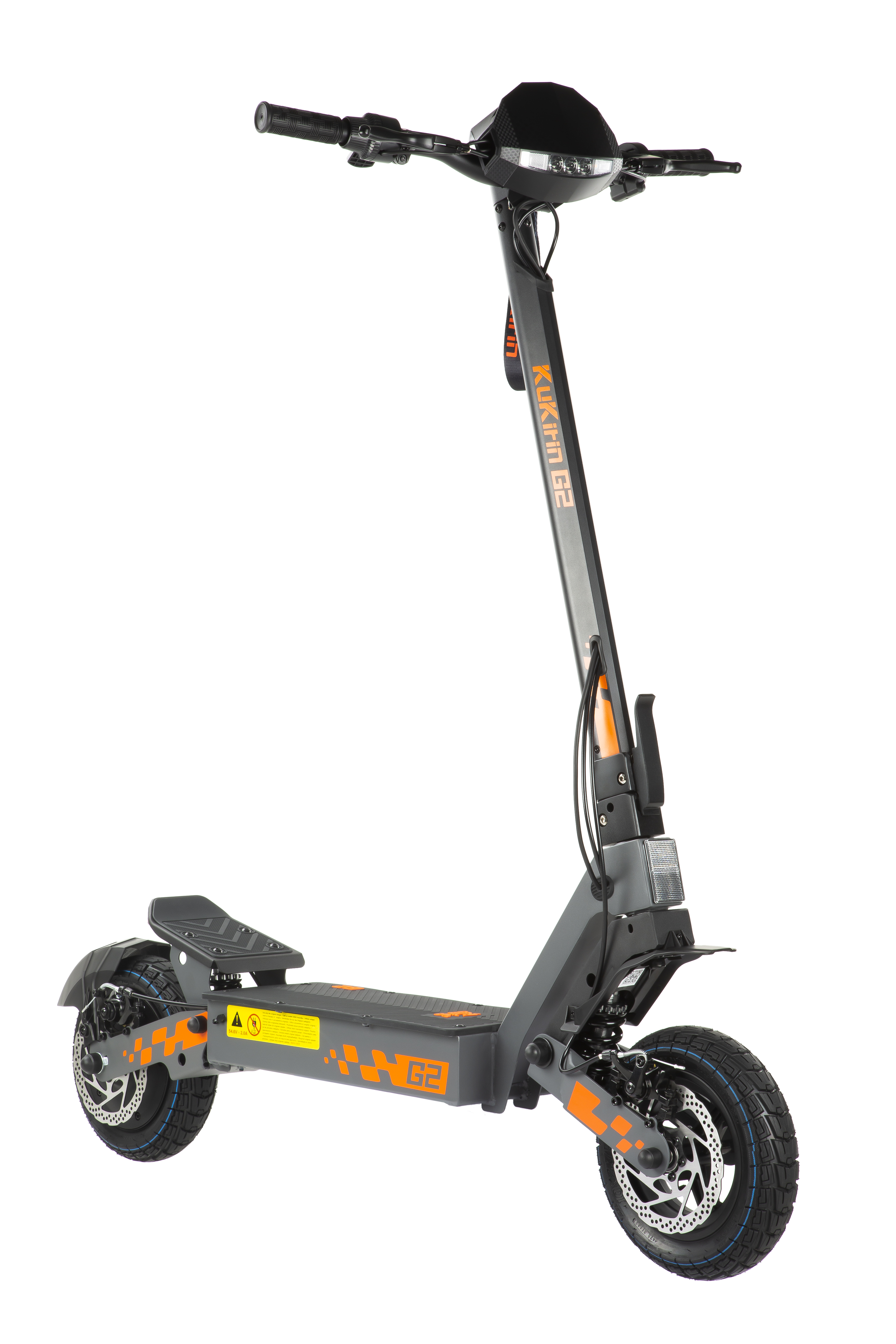 Un monopattino elettrico grigio con accenti arancioni e logo 'Kukirin G2', su sfondo bianco.