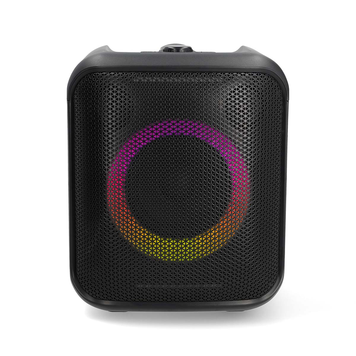 Haut-parleur noir avec un anneau lumineux coloré sur la grille.