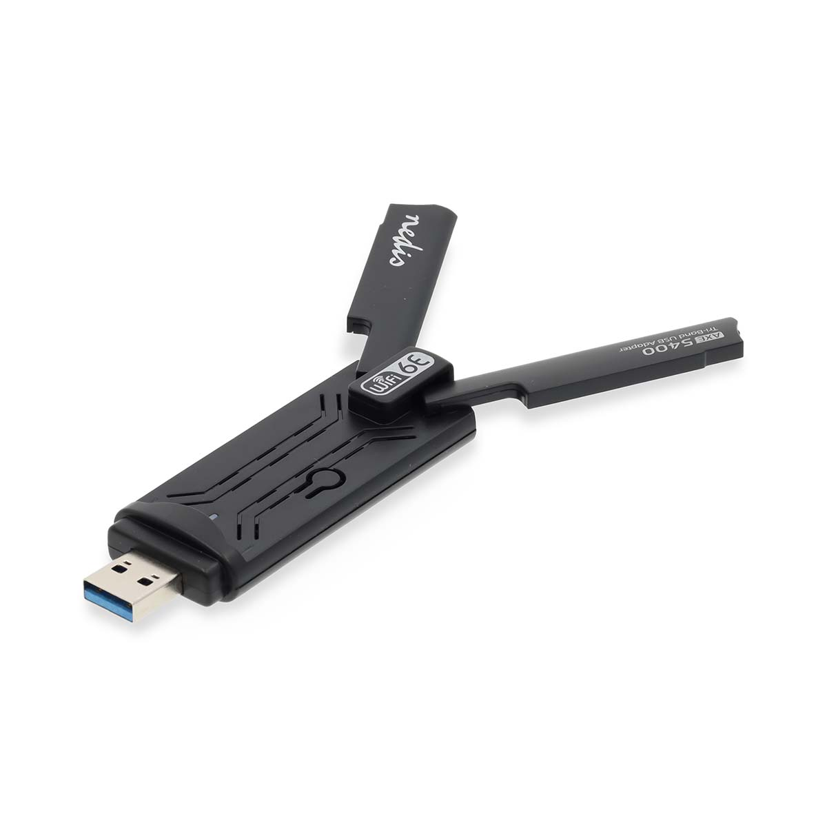 Schwarzer USB WLAN-Adapter mit ausklappbaren Antennen und WiFi 6E-Logo.