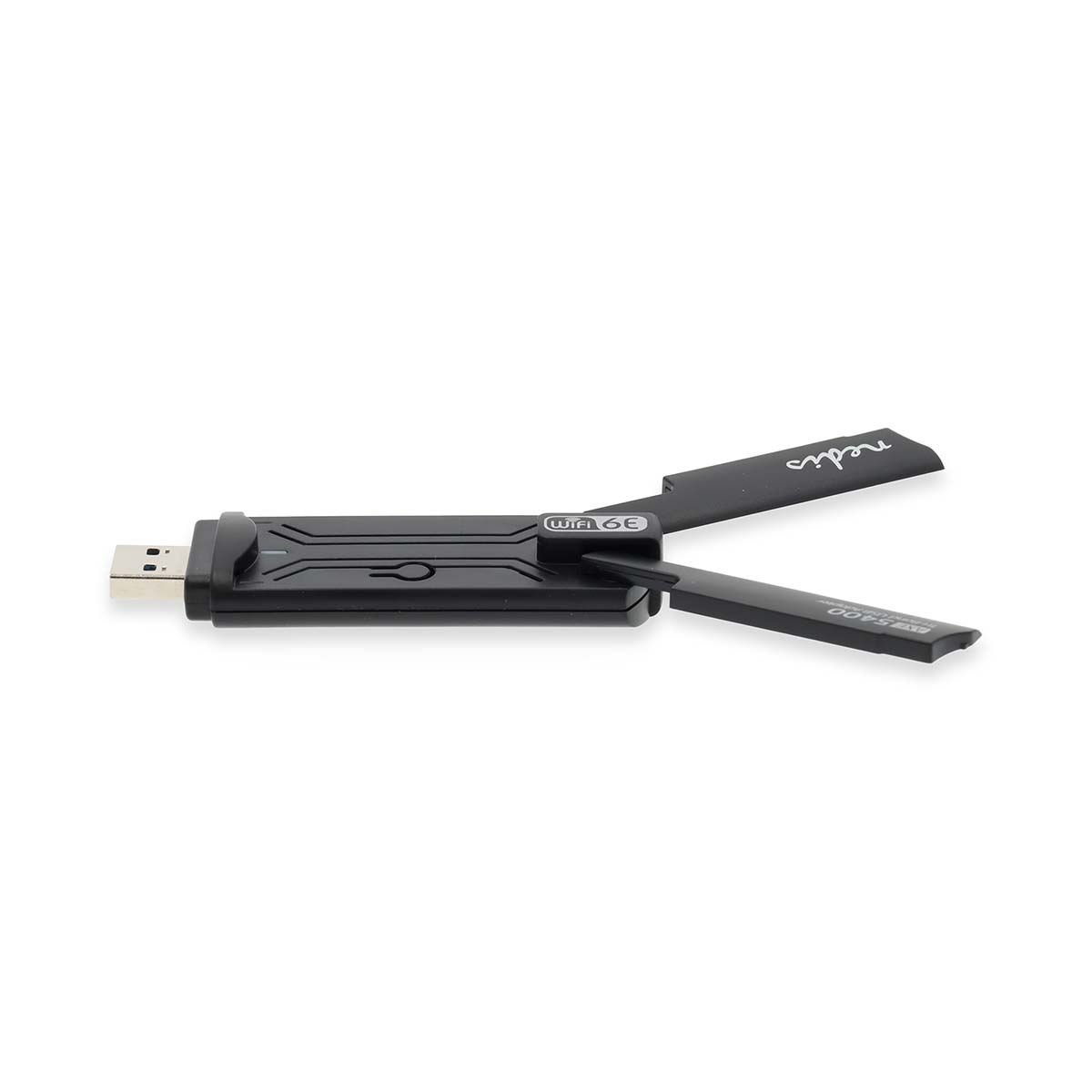 Schwarzer USB-WLAN-Adapter mit ausklappbaren Antennen.