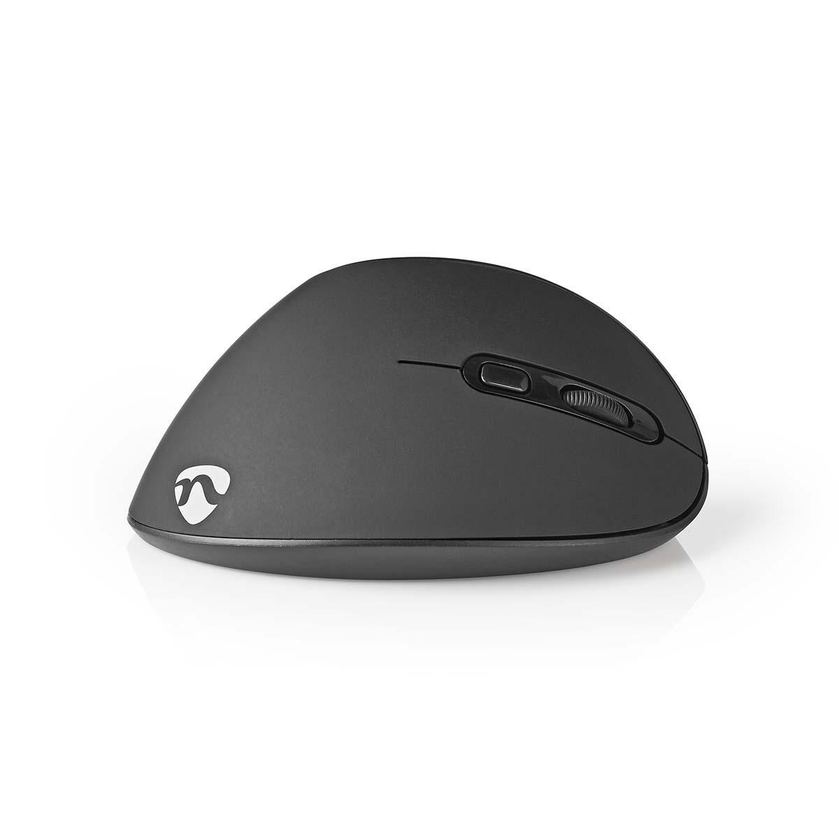 Eine schwarze kabellose Maus mit Scrollrad und Logo auf weißem Hintergrund.