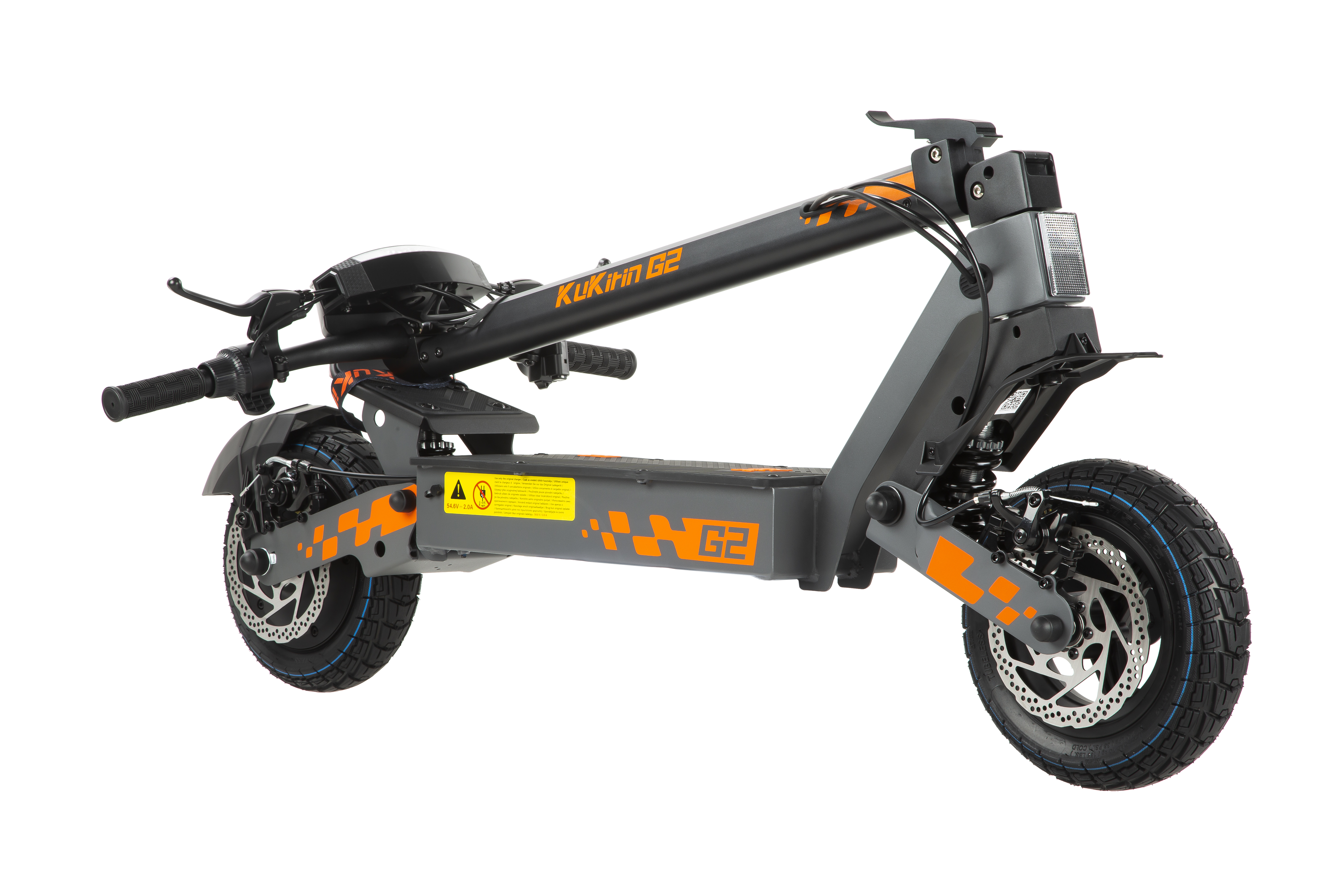 Monopattino elettrico grigio con accenti arancioni e marchio 'Kukirin G2'.