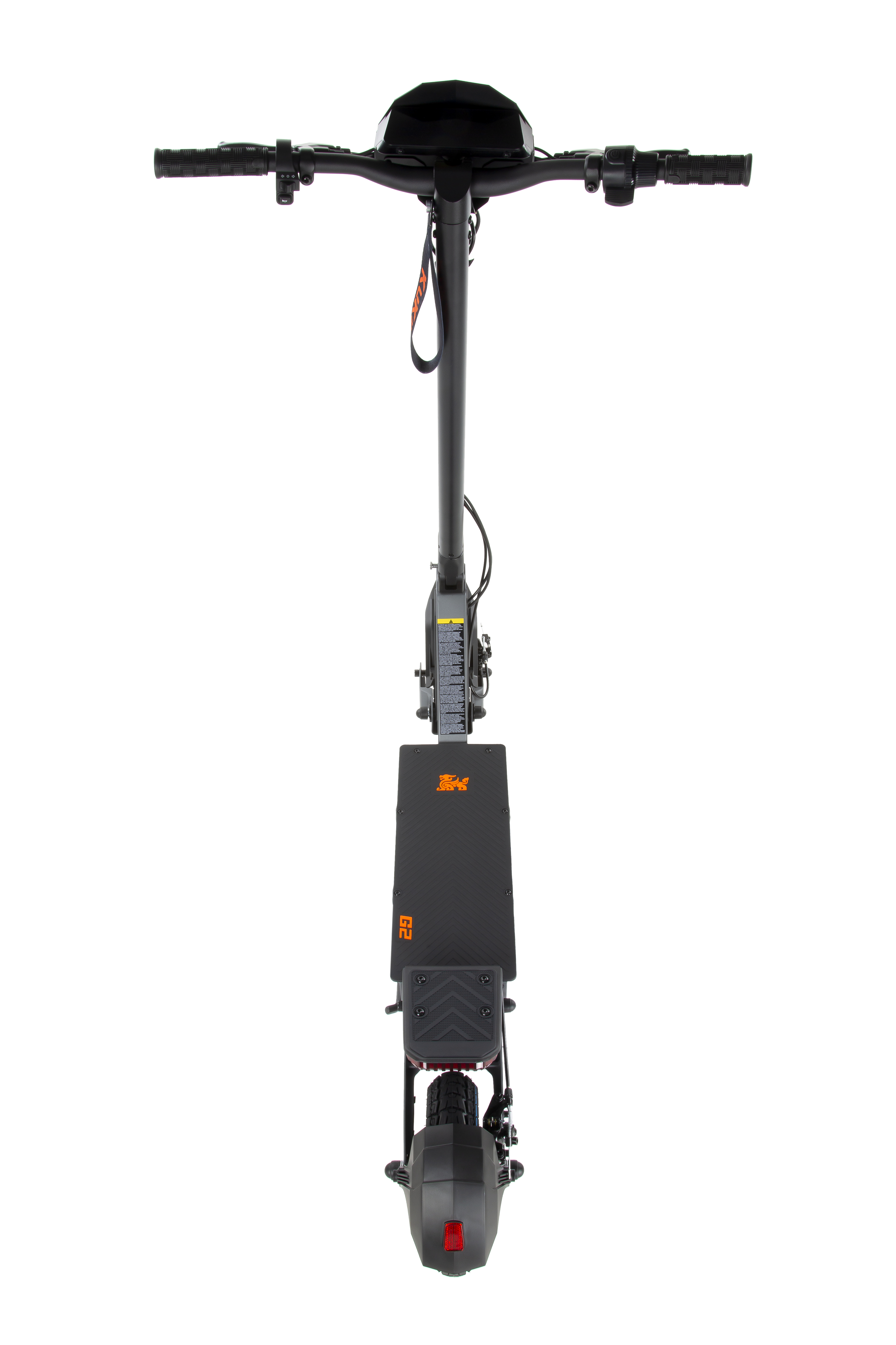 Monopattino elettrico nero con logo arancione, visto dall'alto.