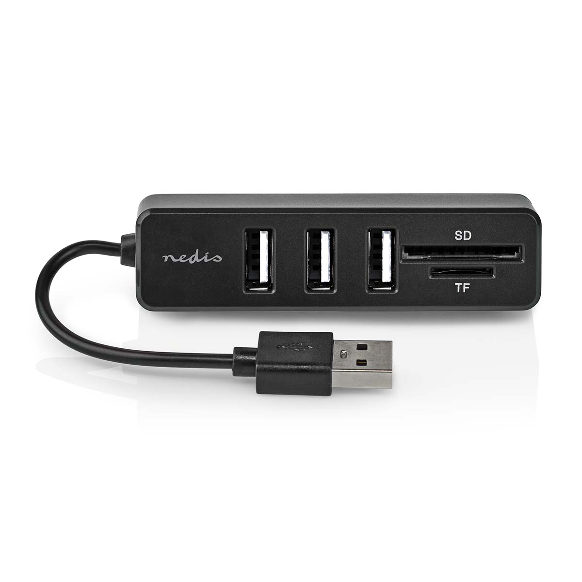 Hub USB Nedis nero con 3 porte USB, slot per schede SD e TF e cavo USB.