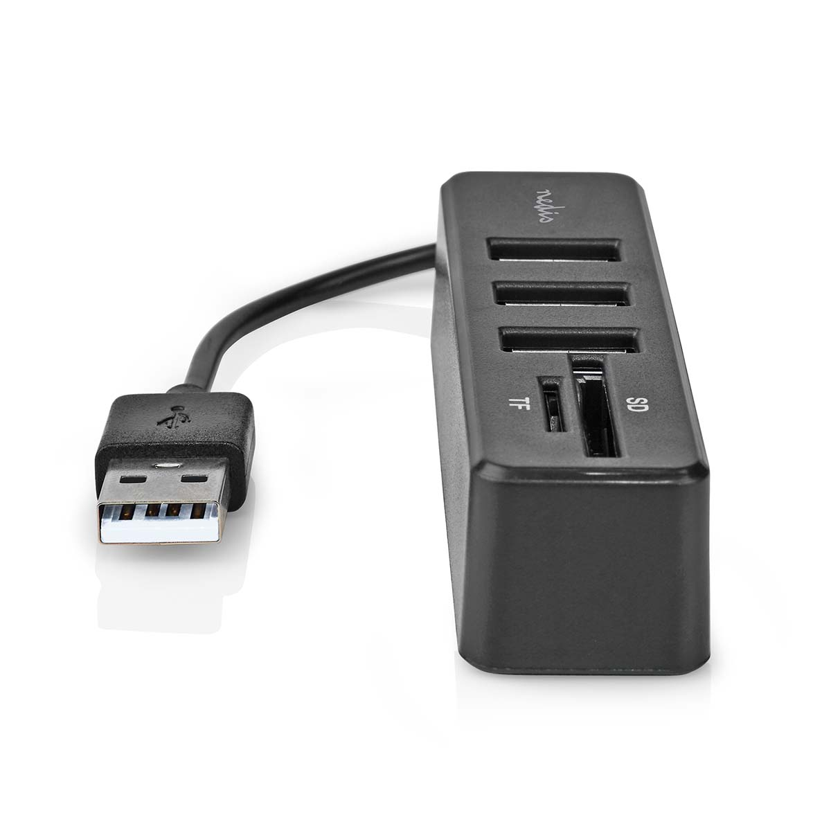 Hub USB nero con tre porte USB, slot per schede TF e SD e un cavo USB.