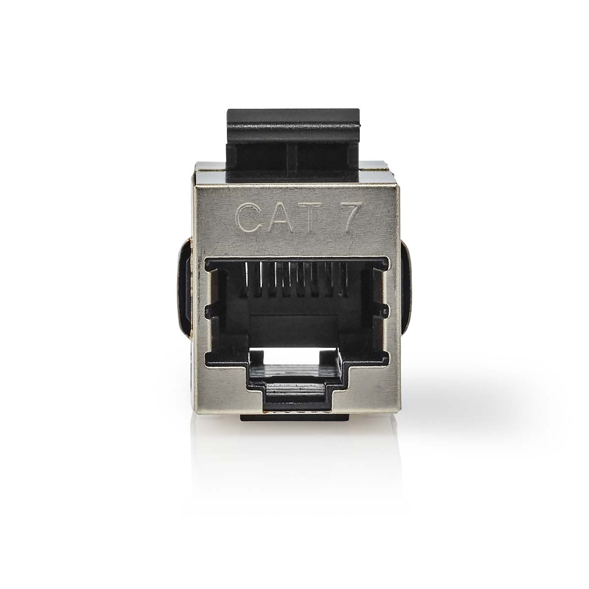A silver CAT 7 network adapter with a black clip on a white background.