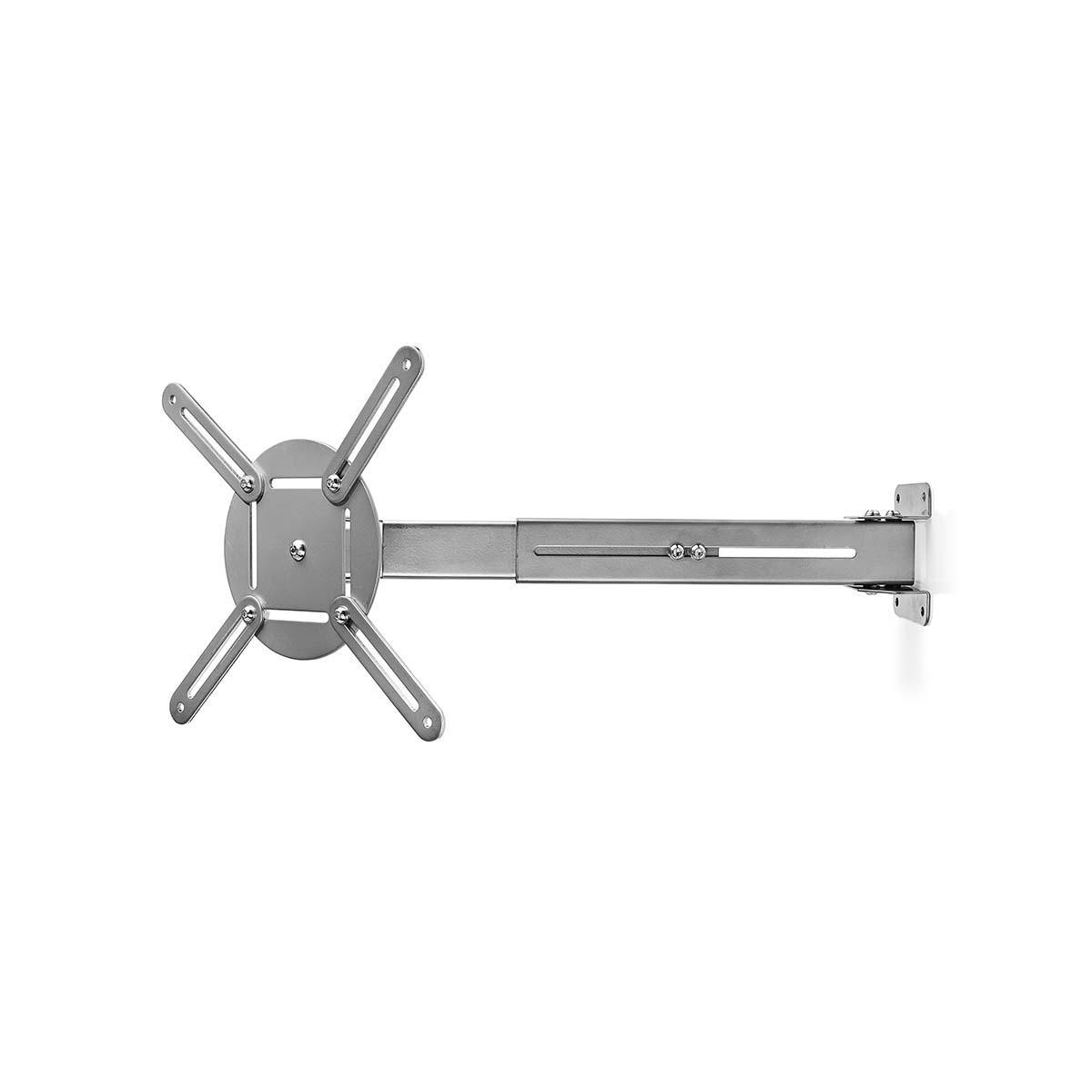 A silver monitor mount with an extendable arm and wall bracket.