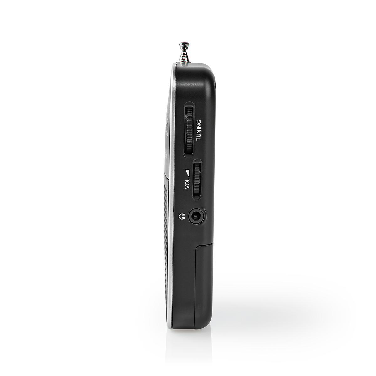 Radio portable noire vue de côté avec antenne, bouton de volume et prise casque.