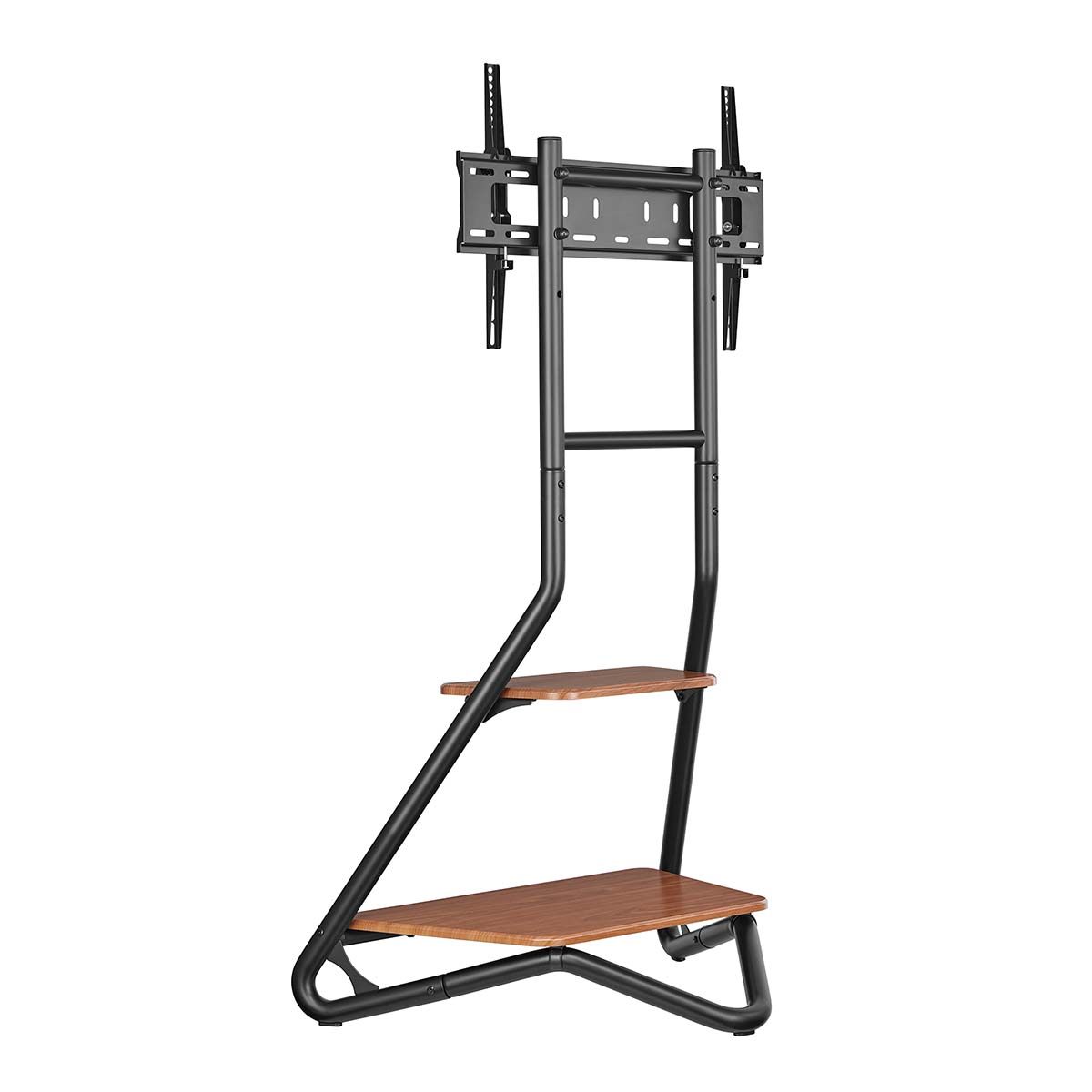 A black TV stand with two wooden shelves and a TV mount at the top.