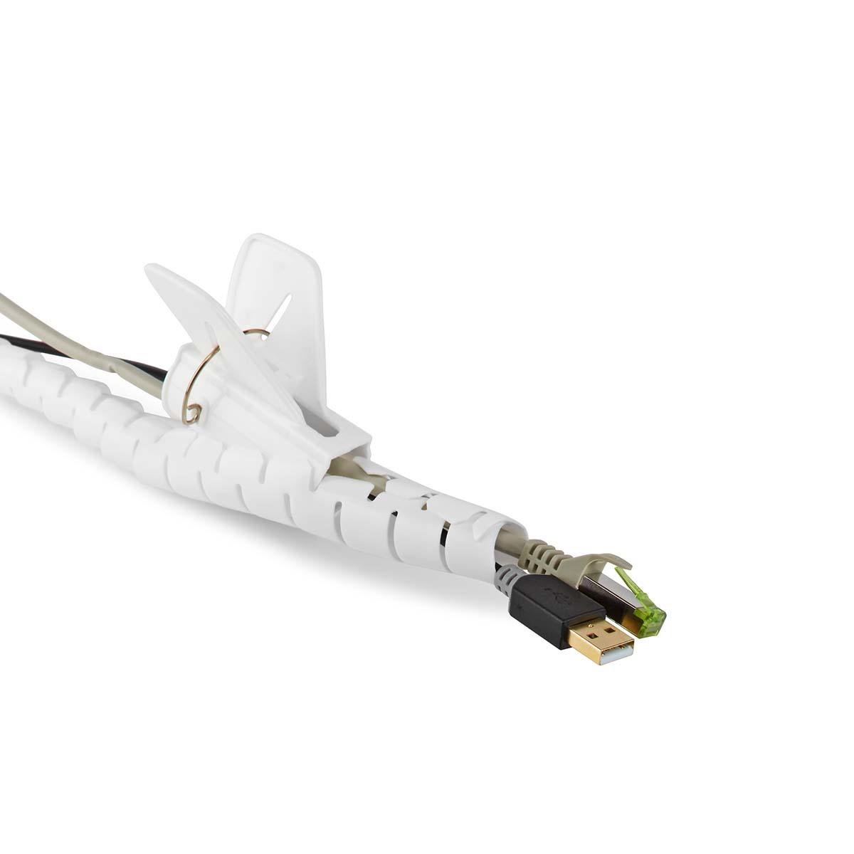 A white cable organizer holds cables, with a USB and network plug visible.