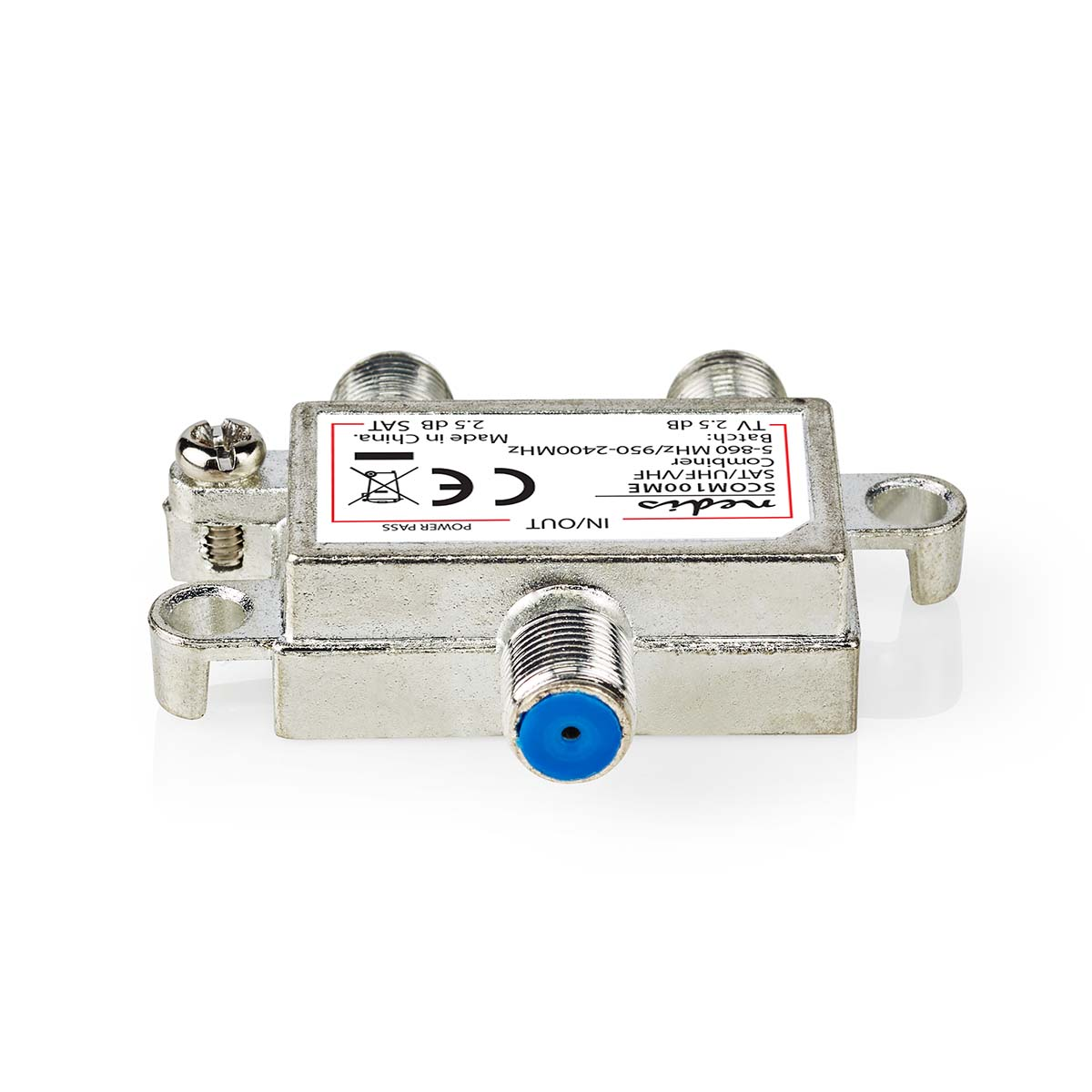 Zilveren satellietcombinator met blauwe connector dop en label.