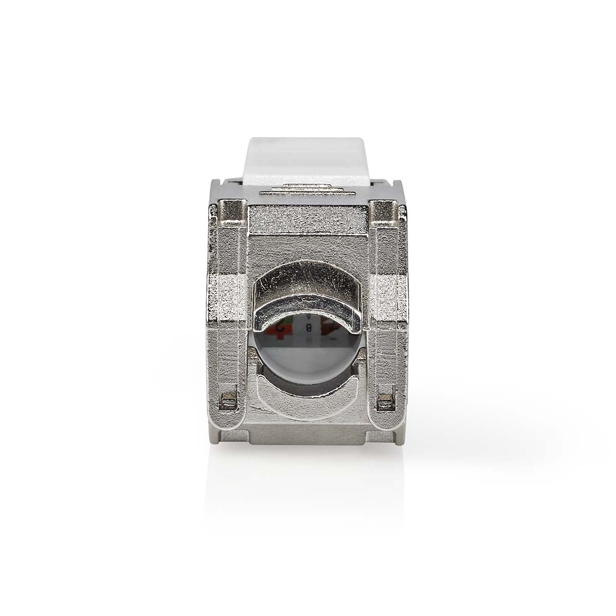 A silver network connector with a white lever on a white background.