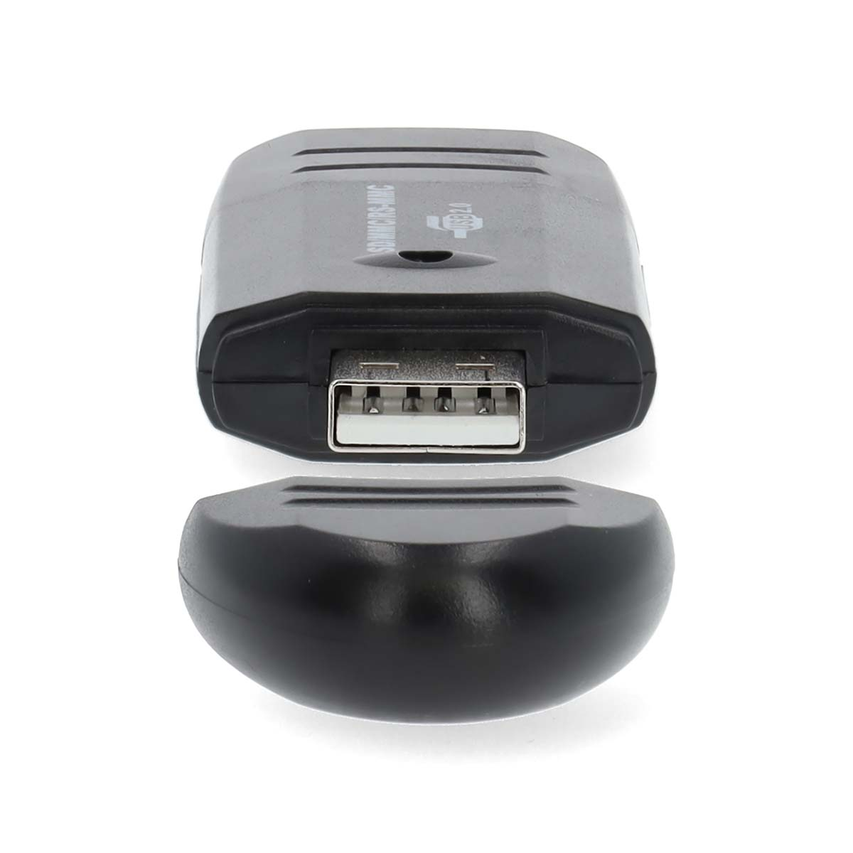 Schwarzer USB-Adapter mit abgenommenem Deckel, USB 2.0 Anschluss sichtbar.