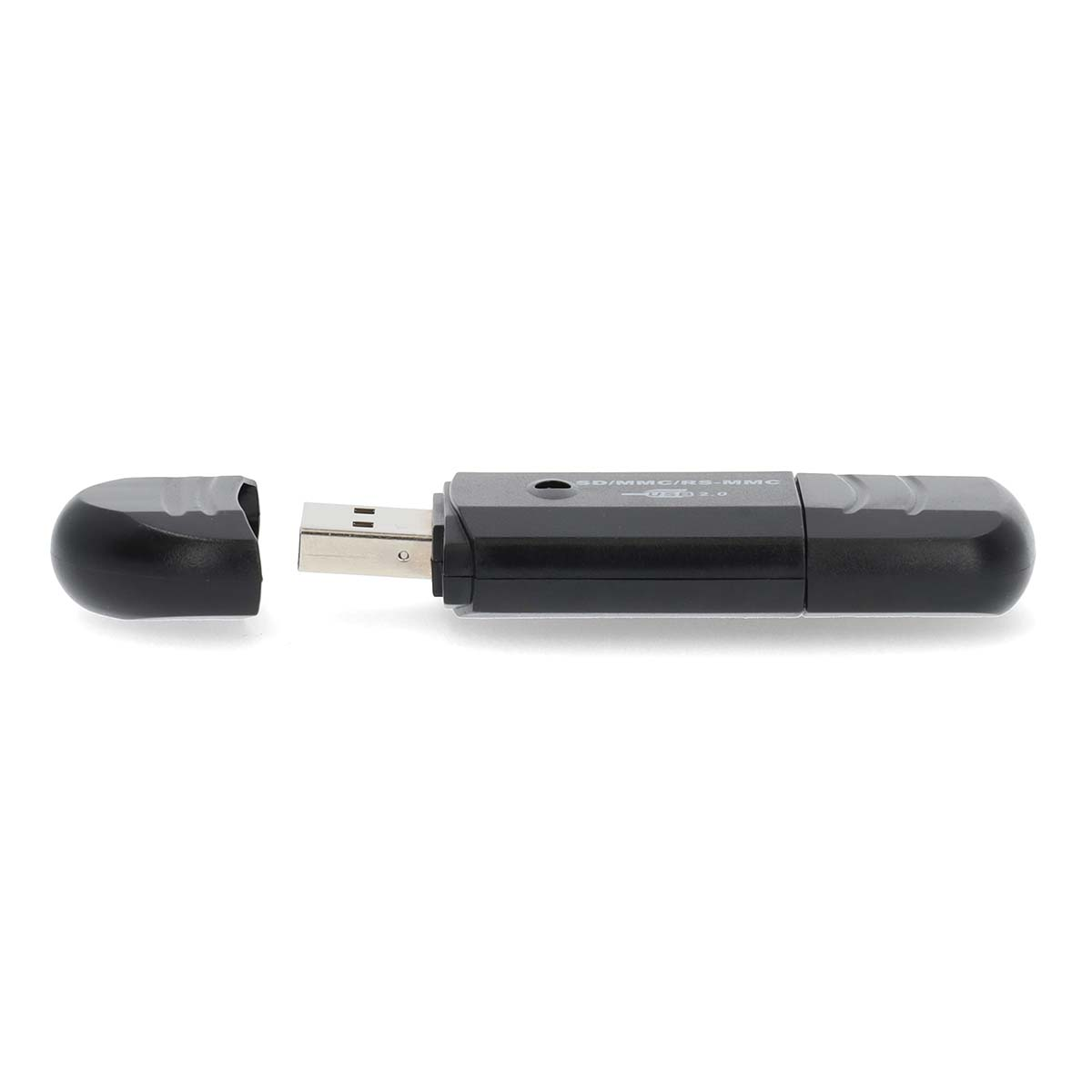 Schwarzer USB-Kartenleser mit abgenommenem Deckel und freiliegendem USB-Stecker.