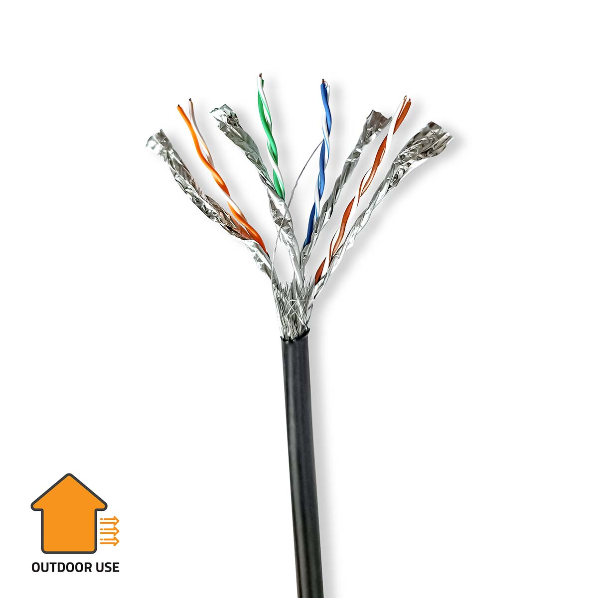 Un cavo Ethernet con fili intrecciati e schermati arancioni, verdi e blu su sfondo bianco.