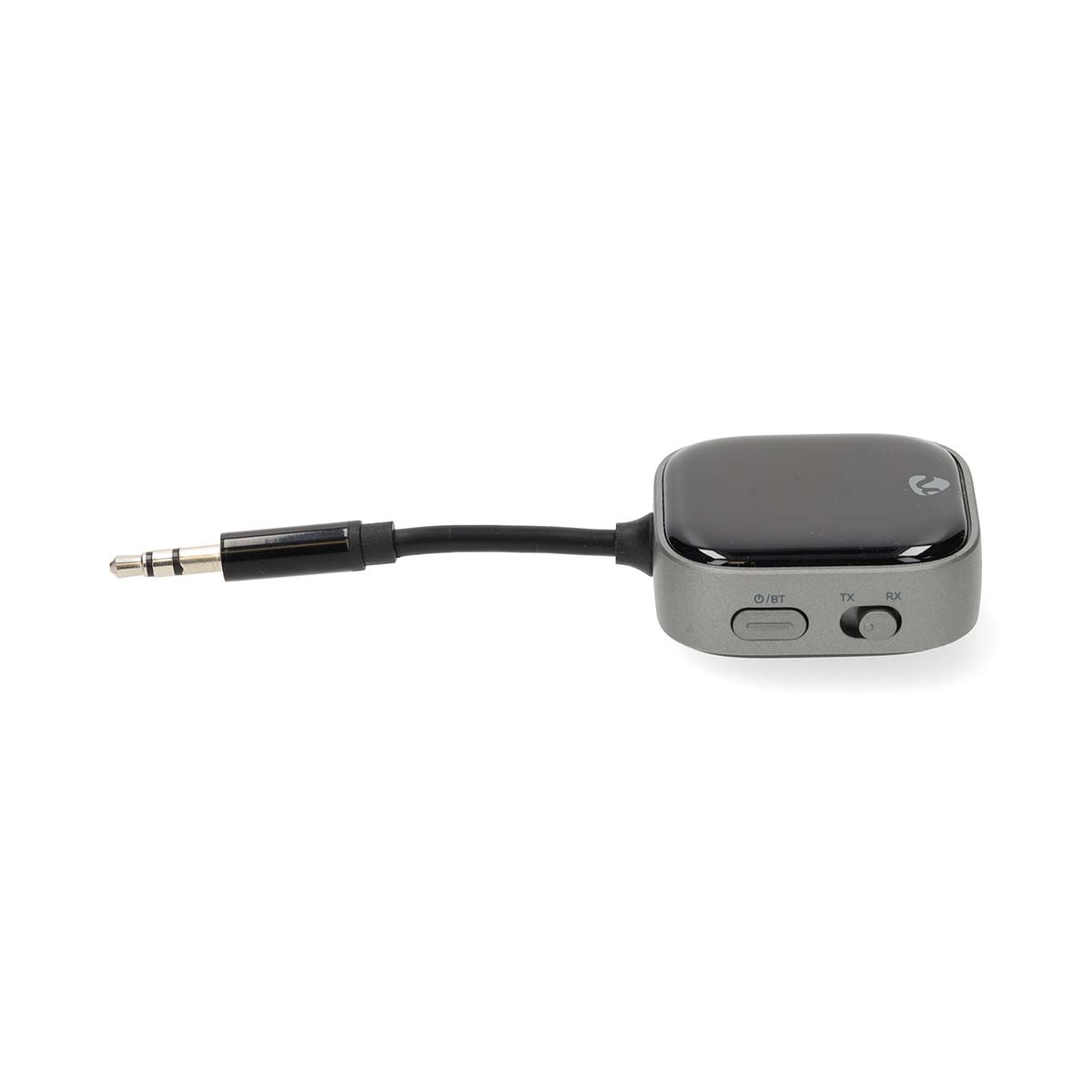 Grauer Bluetooth-Sender/Empfänger mit 3,5-mm-Stecker und Schaltern.