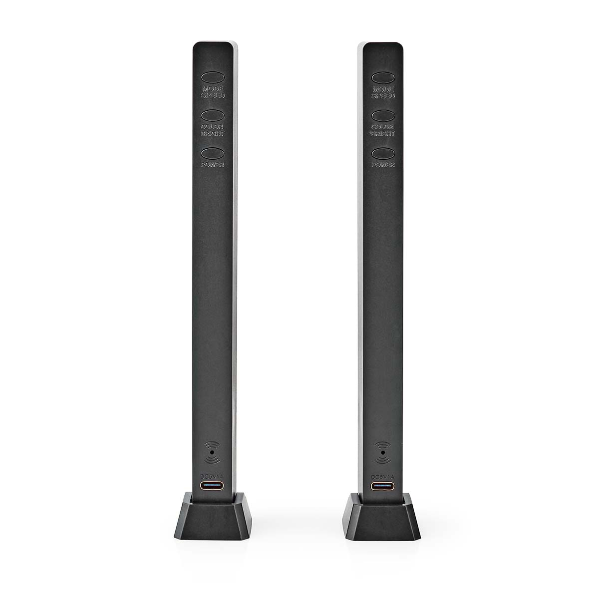 Two black vertical lights with buttons and charging ports.