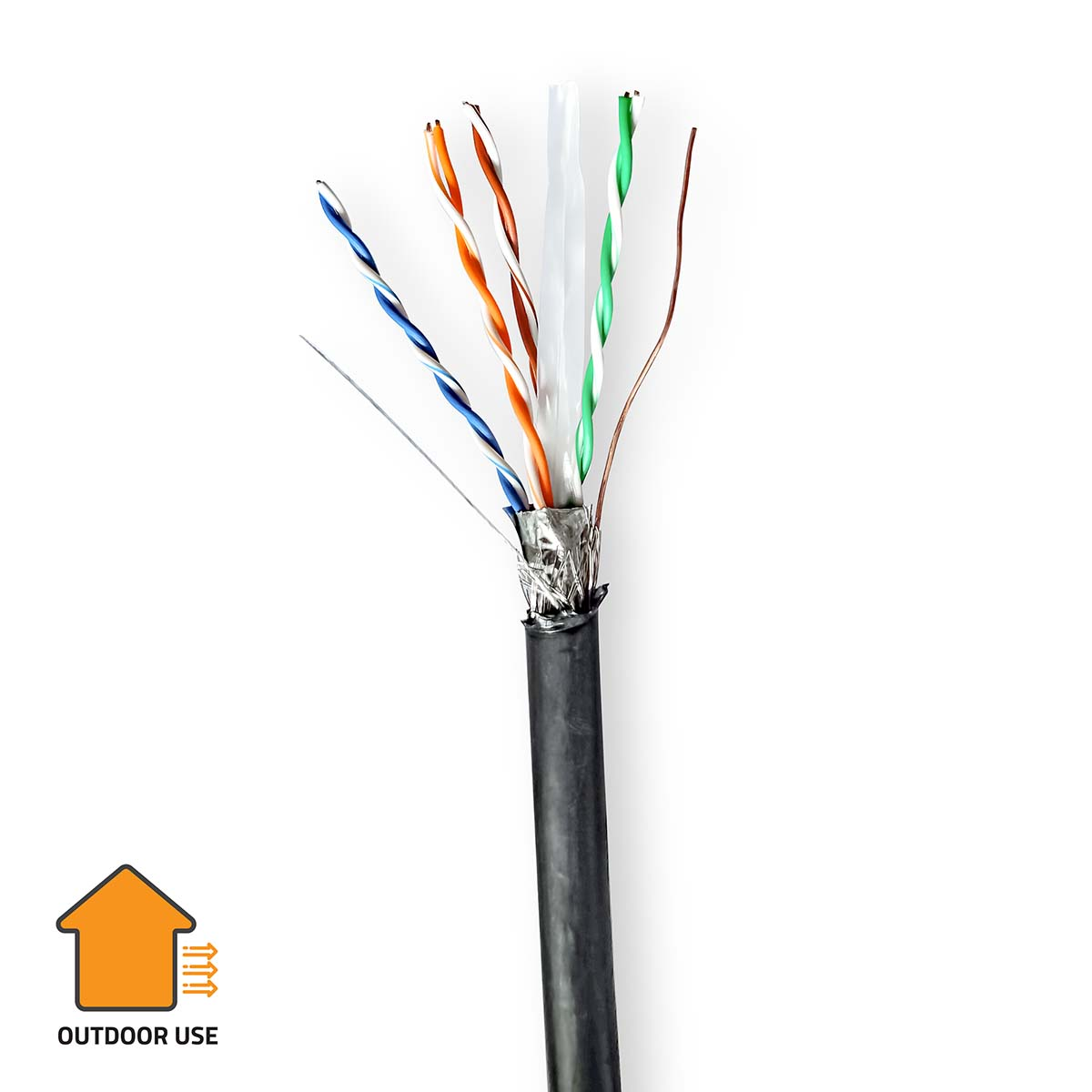 Un cavo di rete tagliato che mostra fili colorati: blu, arancione, bianco, verde e terra.